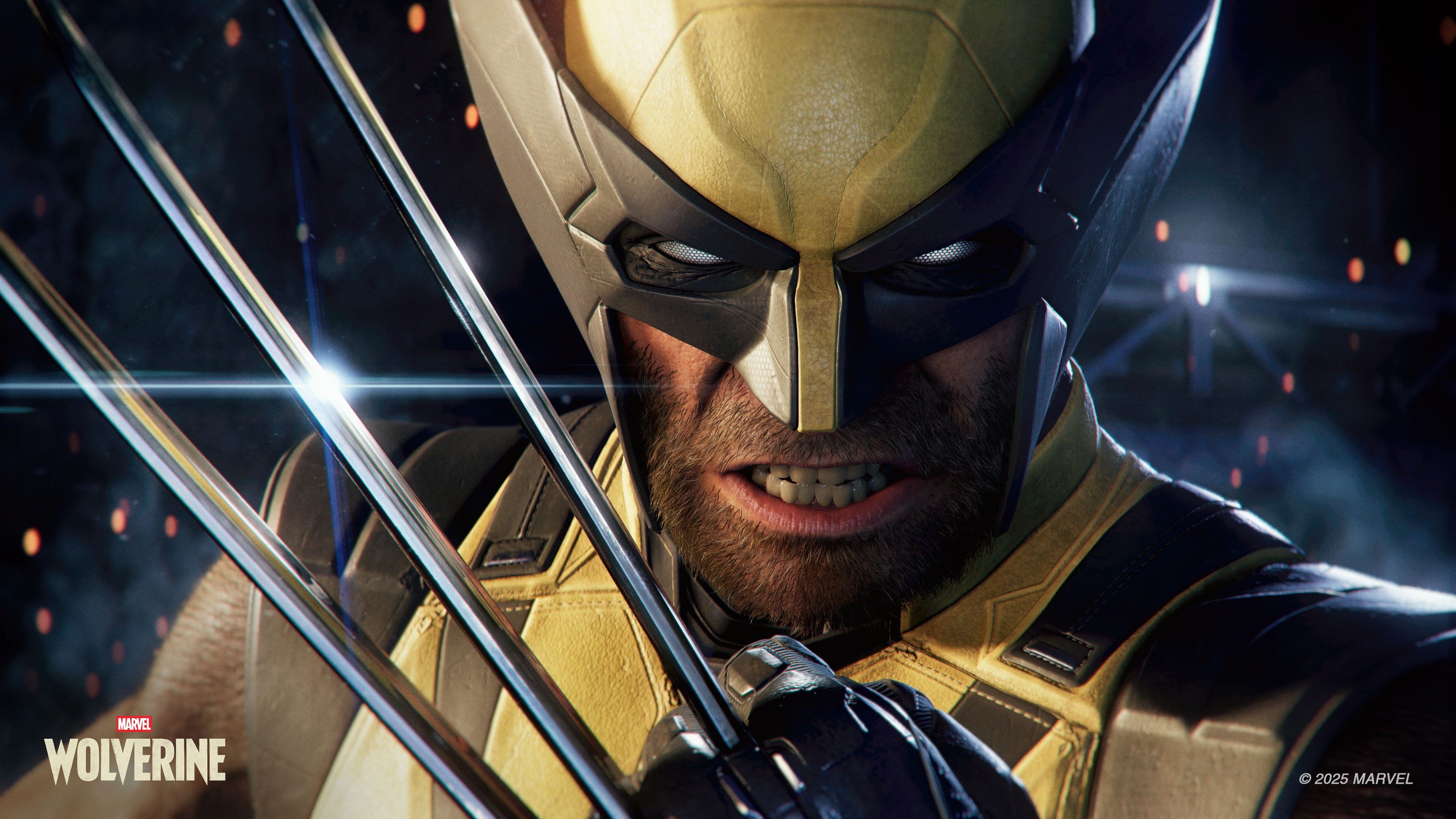 Wolverine mit ausgefahrenen Klauen, trägt gelb-schwarzes Kostüm. Dunkler Hintergrund.
