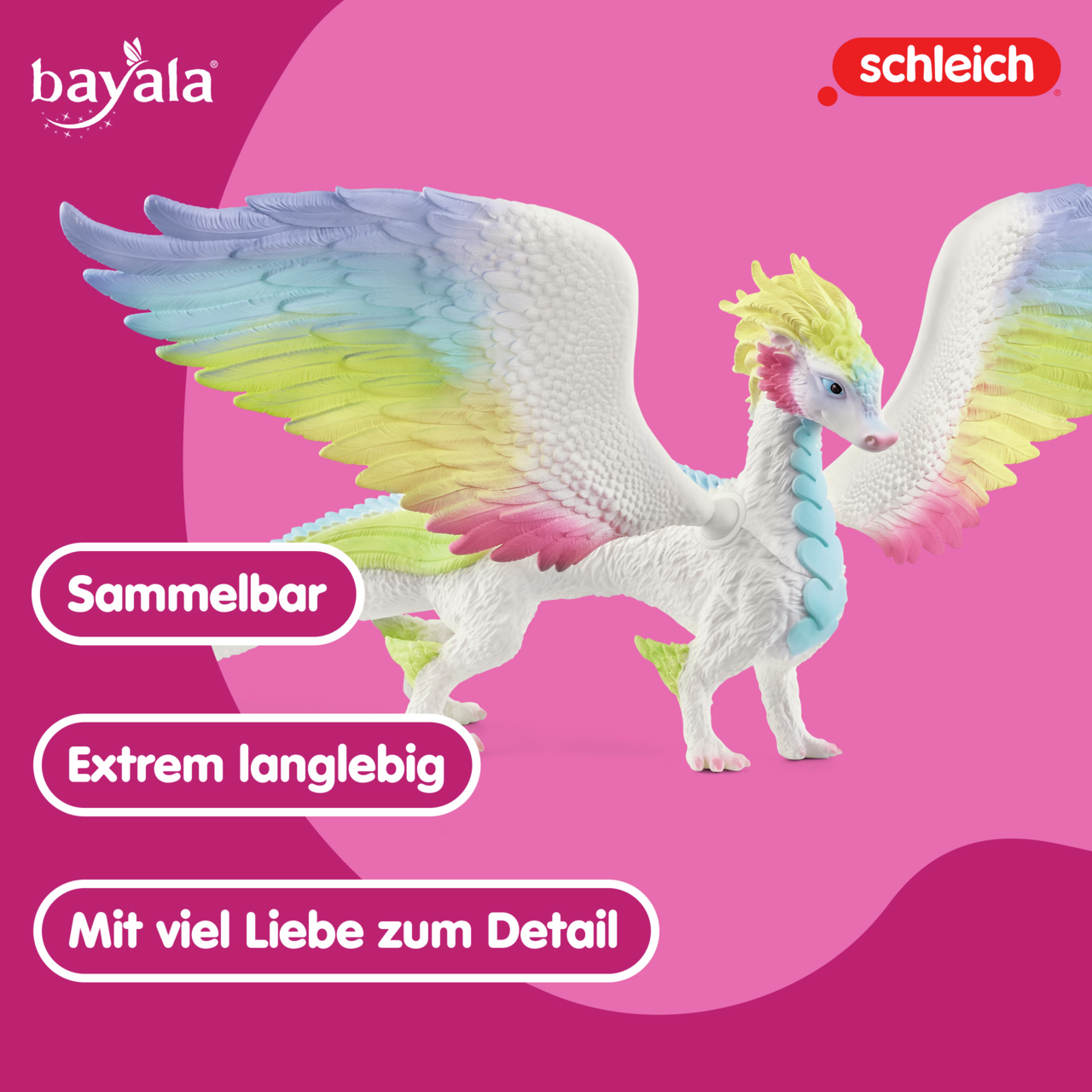 Ein weißer Drache mit bunten Flügeln steht vor einem pinken Hintergrund.