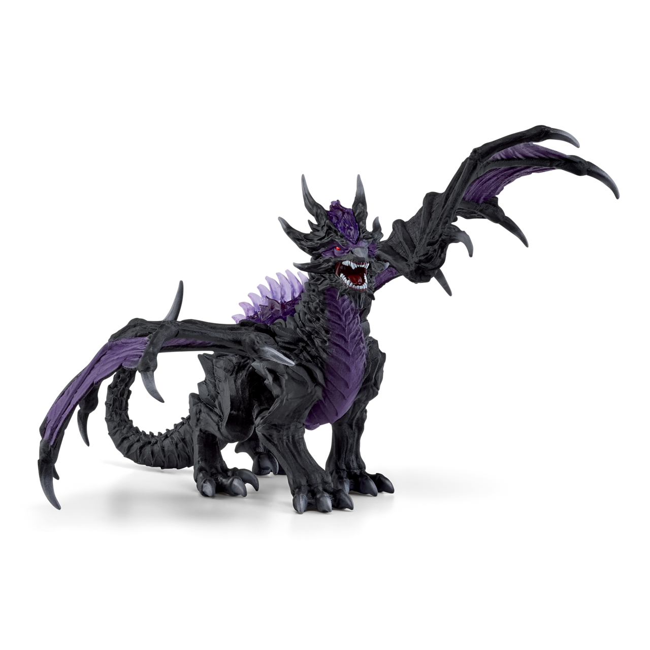 Schwarzer Drache mit violetten Akzenten und Flügeln steht auf weißem Grund.