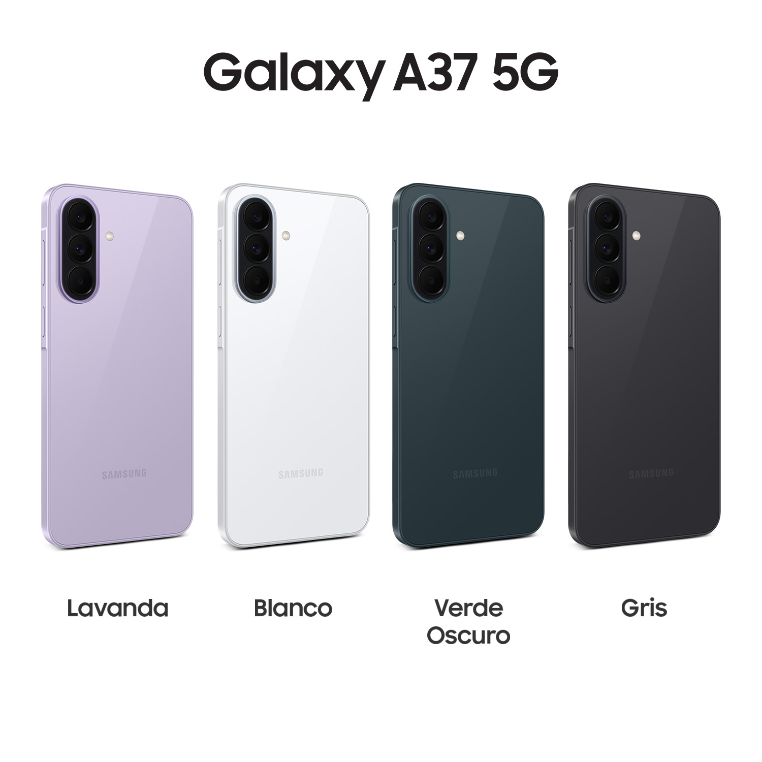Cuatro teléfonos Samsung Galaxy A37 5G en lavanda, blanco, verde oscuro y gris.