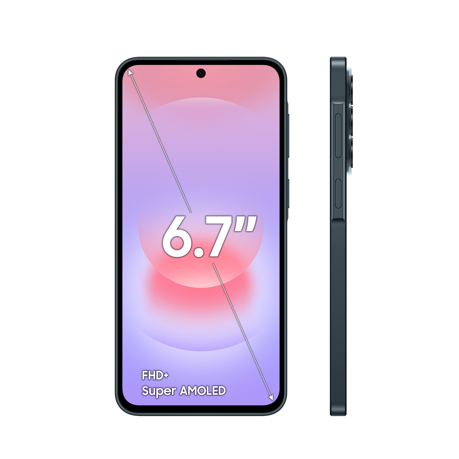 Un smartphone oscuro mostrando su pantalla Super AMOLED FHD+ de 6,7 pulgadas y perfil.