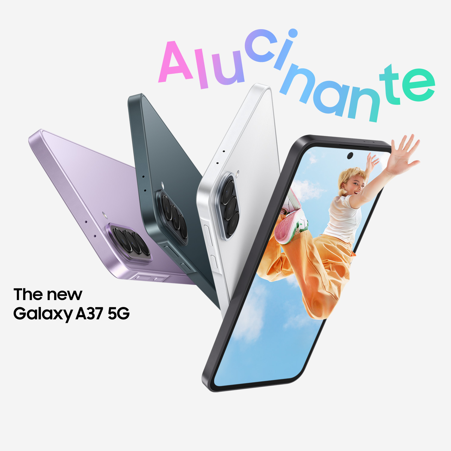 Tres teléfonos Galaxy A37 5G en morado, verde azulado y blanco. Una persona salta en pantalla.