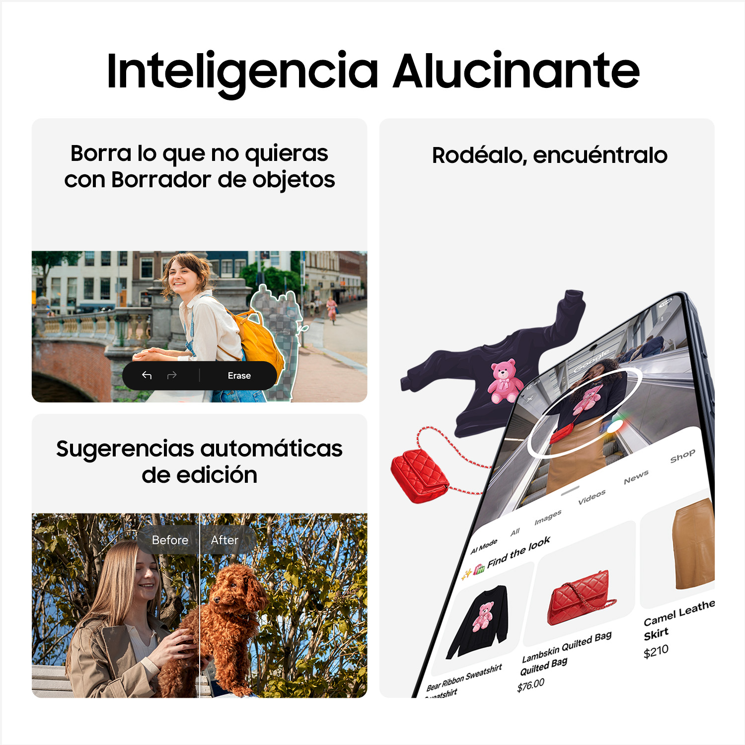 Demostración de app: edición de fotos con eliminación de objetos, sugerencias y búsqueda IA.