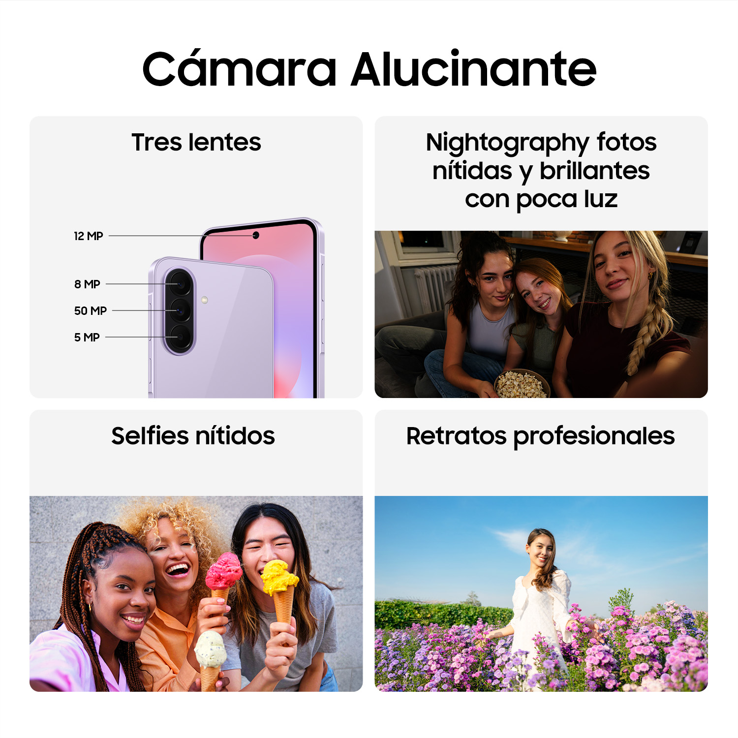 Cámara de smartphone con tres lentes, fotografía nocturna, selfies y retratos.