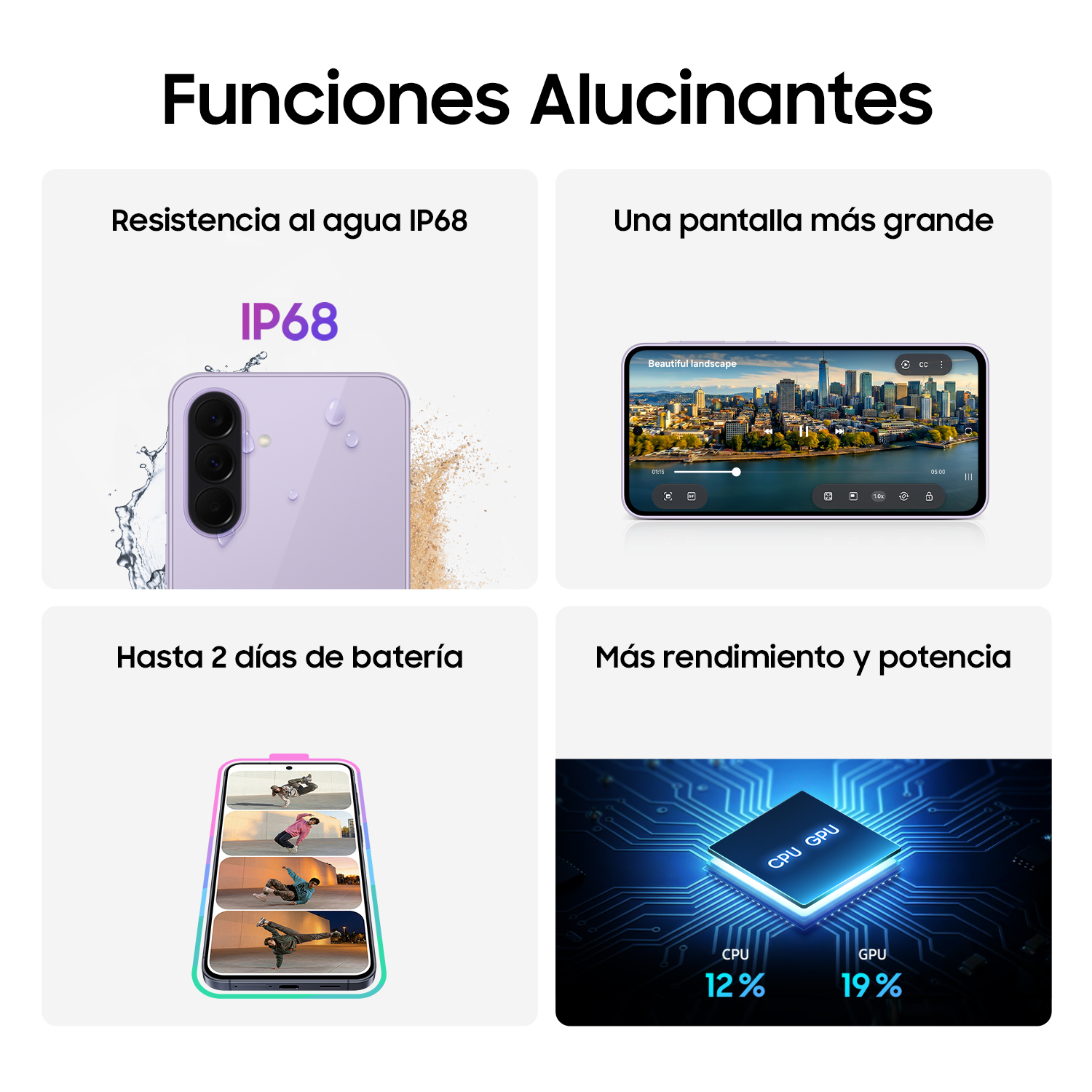 Un teléfono morado con resistencia al agua IP68, pantalla grande, duración de batería, CPU/GPU.