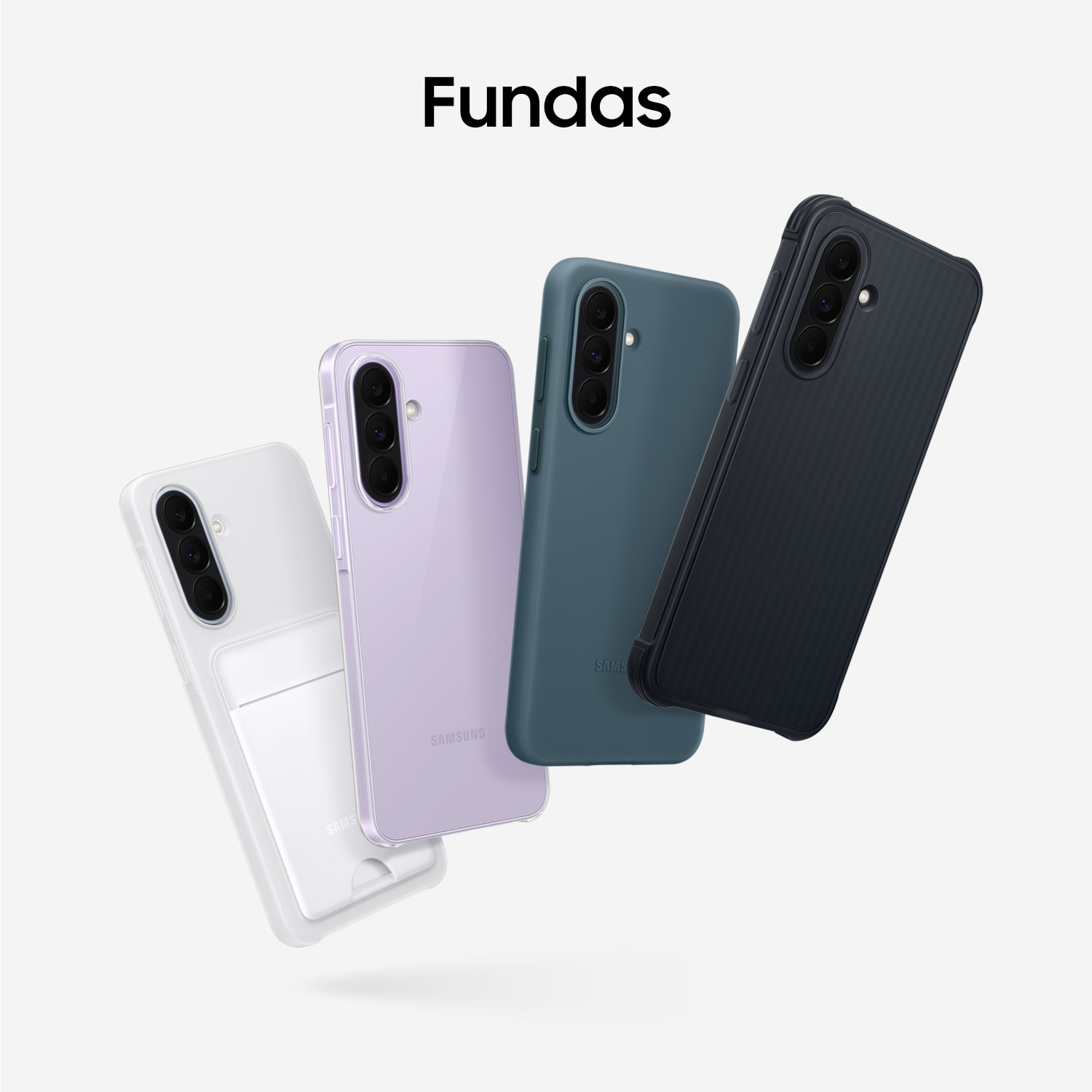 Cuatro fundas para teléfono Samsung en blanco, morado, azul y negro.