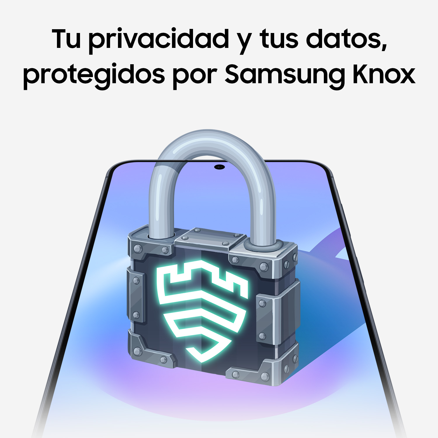 Un candado con logo de escudo verde brillante en pantalla de teléfono. Texto: Tu privacidad y tus datos, protegidos por Samsung Knox.