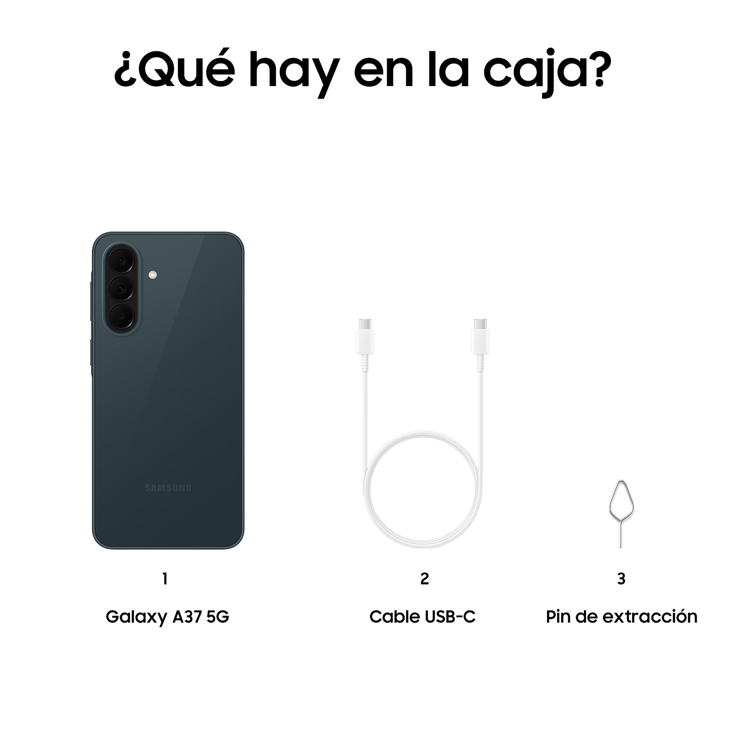 Un teléfono Galaxy A37 5G, cable USB-C y herramienta SIM.