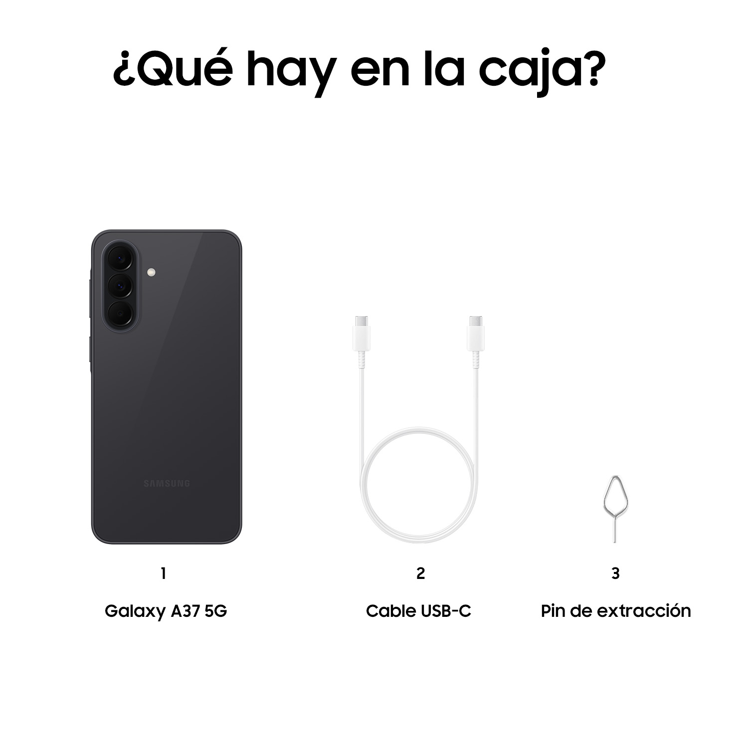 Un Samsung Galaxy A37 5G negro, cable USB-C y herramienta de expulsión SIM.