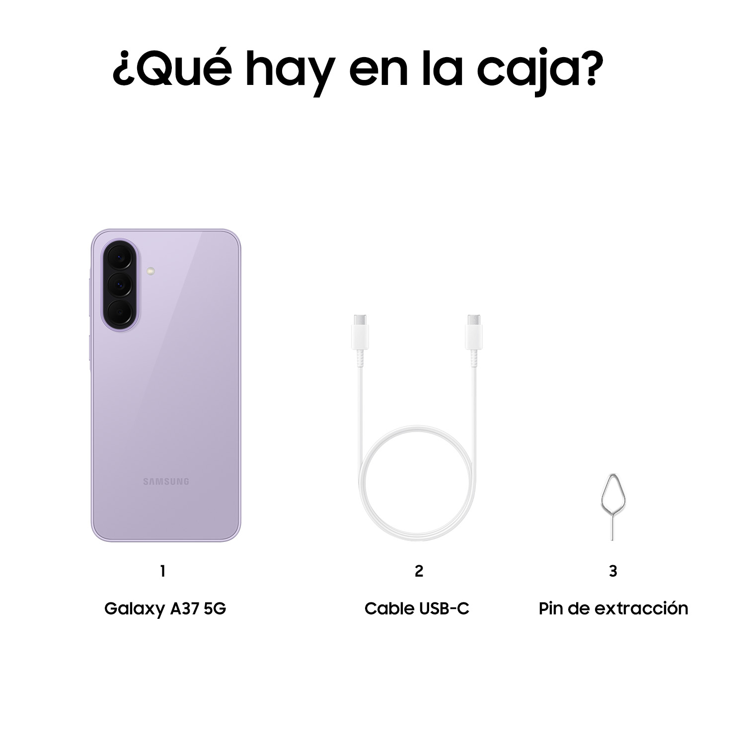 Un Samsung Galaxy A37 5G morado, cable USB-C y pin de extracción.
