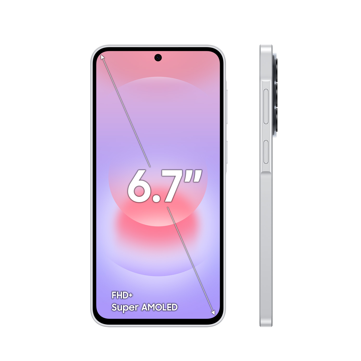 Teléfono inteligente plateado con pantalla de 6,7 pulgadas, FHD+ Super AMOLED.