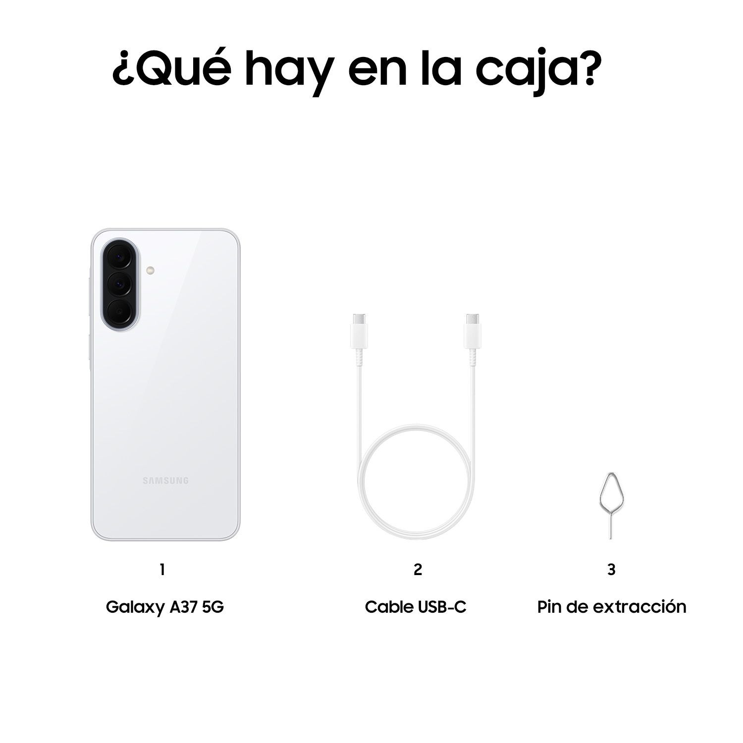 Un Samsung Galaxy A37 5G blanco, cable USB-C y pin de extracción.