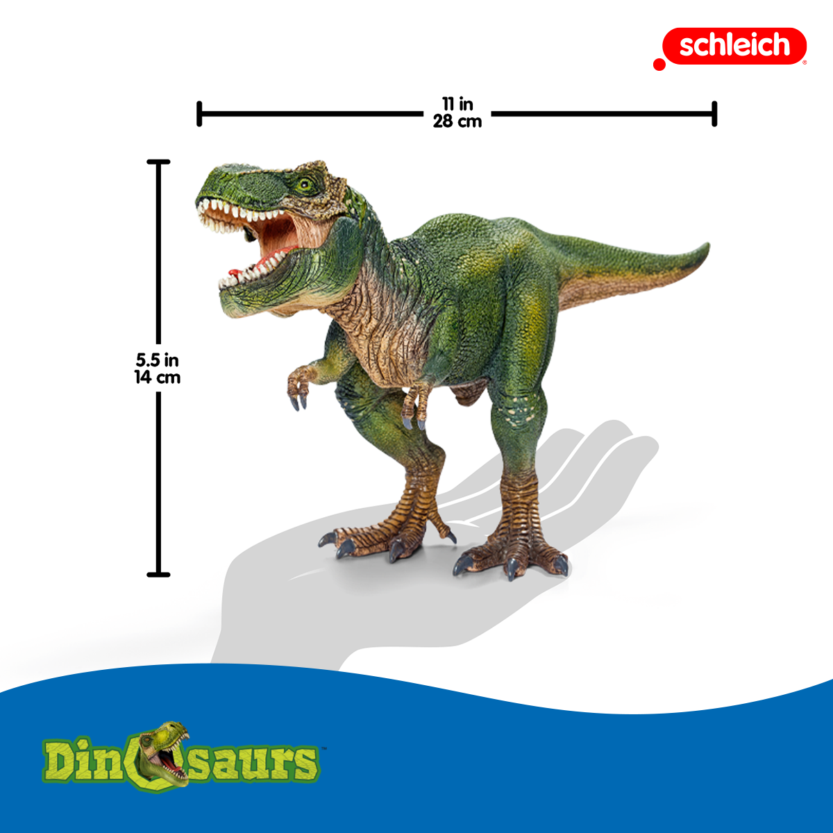 Grüner Tyrannosaurus Rex Spielzeugfigur mit geöffnetem Maul auf weißem Hintergrund.