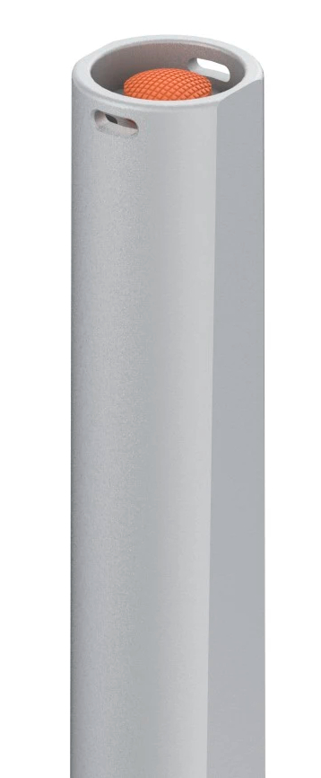 Szary cylinder z pomarańczową, kulistą wstawką na górze.