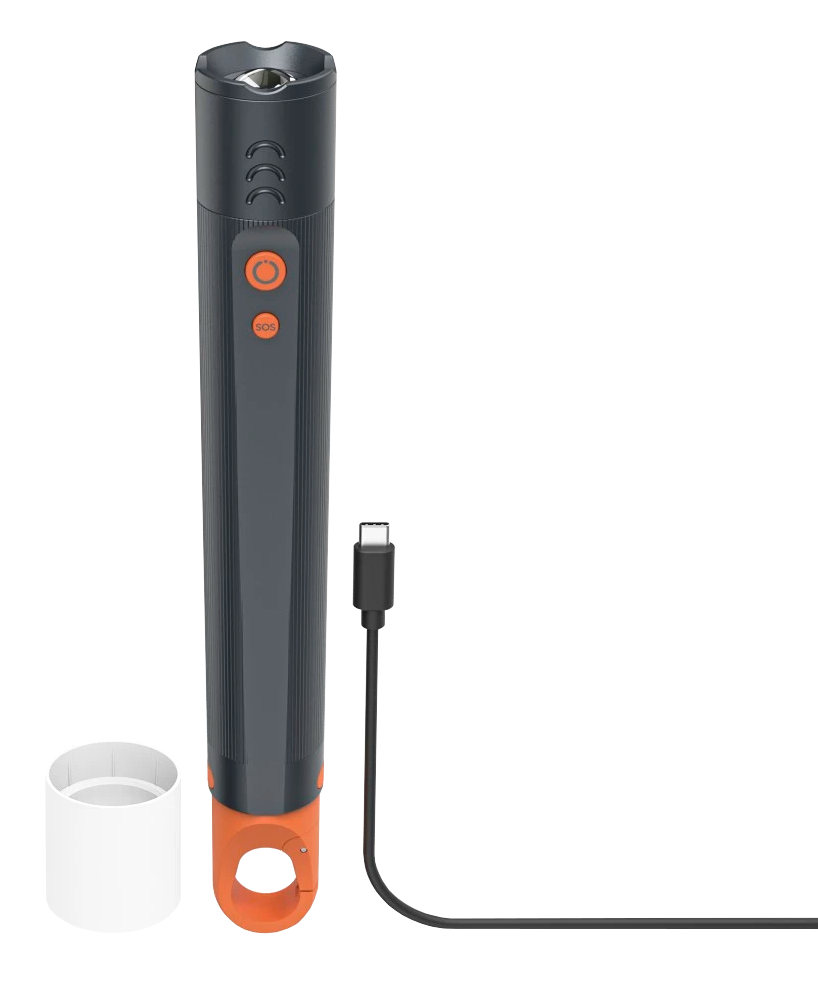 Ciemnoszara latarka z pomarańczowym uchwytem i przyciskiem SOS. Kabel USB-C.