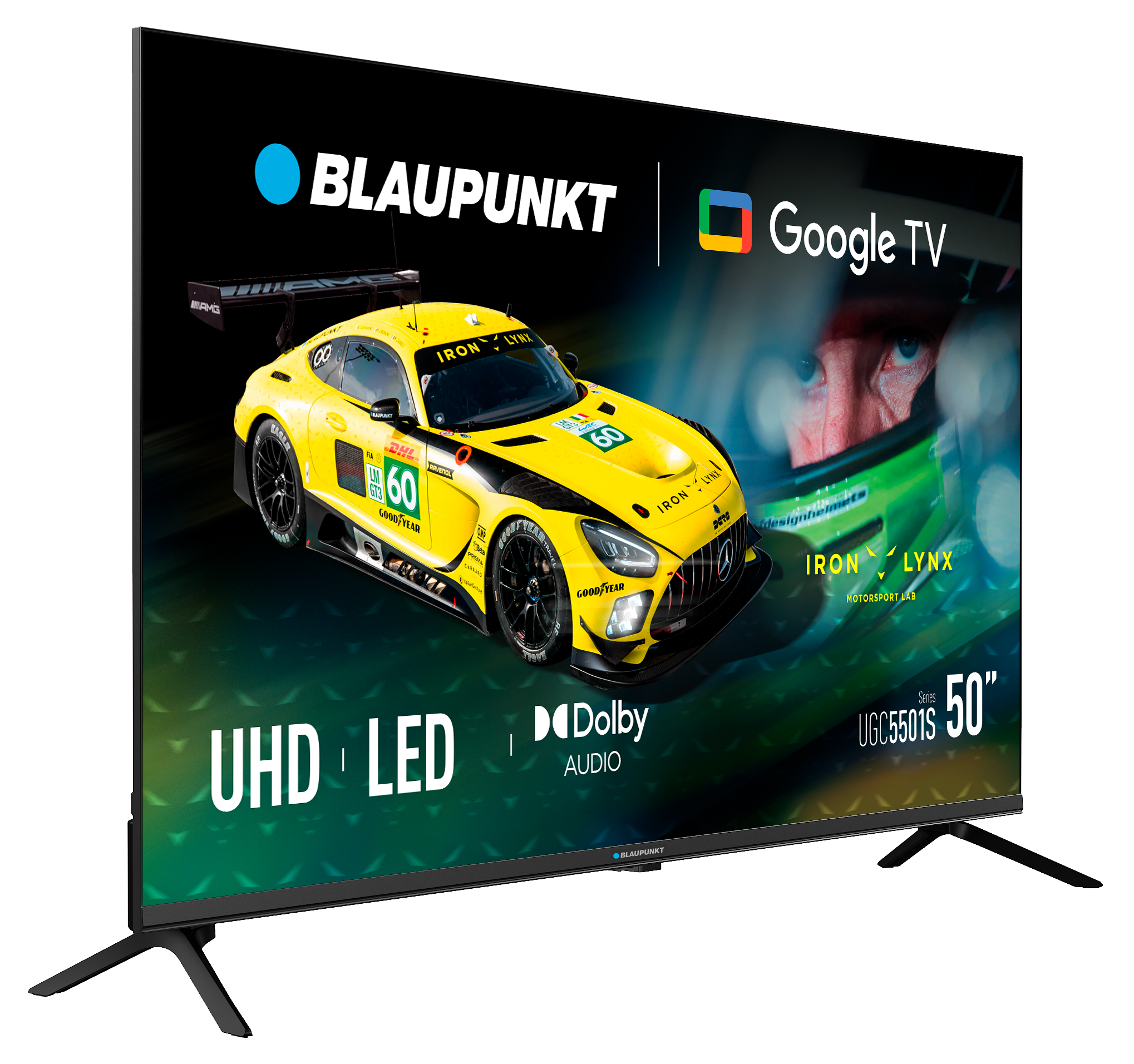 Żółty samochód wyścigowy z numerem 60 na ekranie Blaupunkt Google TV.
