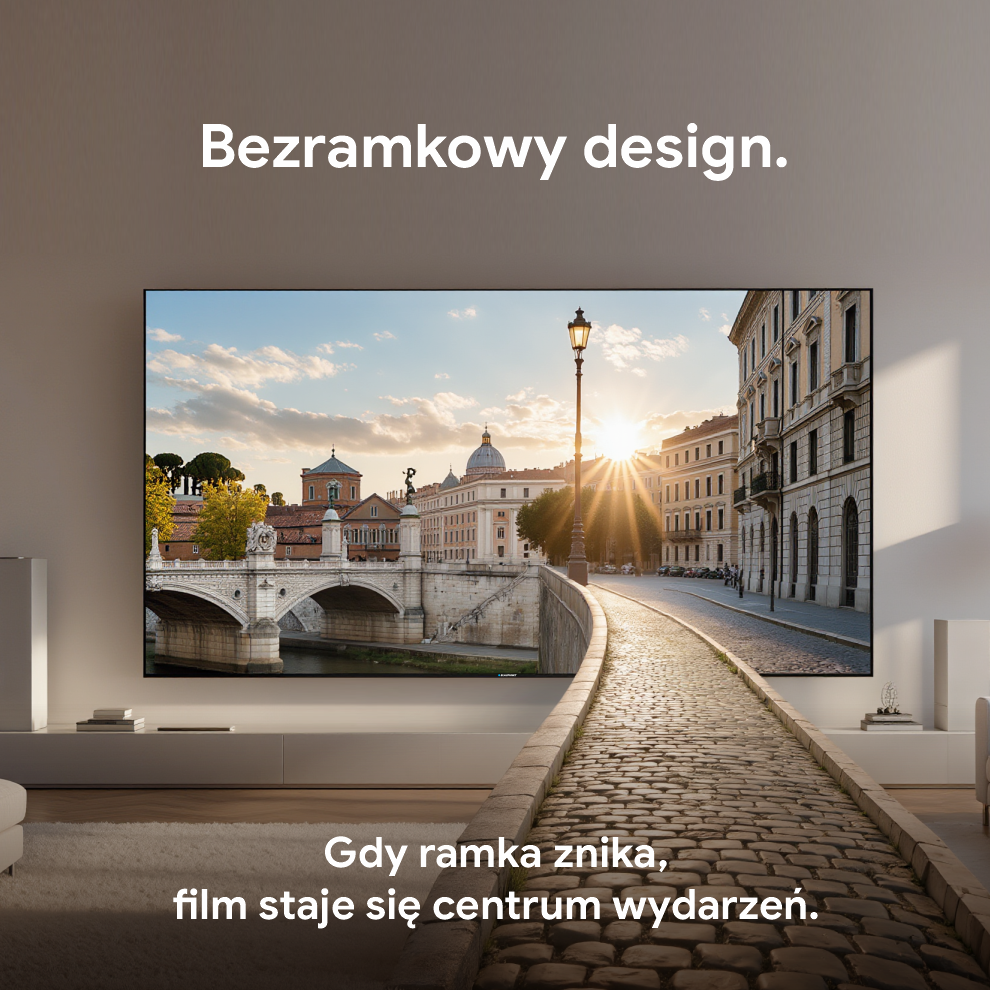 Telewizor wyświetla słoneczną, brukowaną ulicę i budynki w Rzymie.