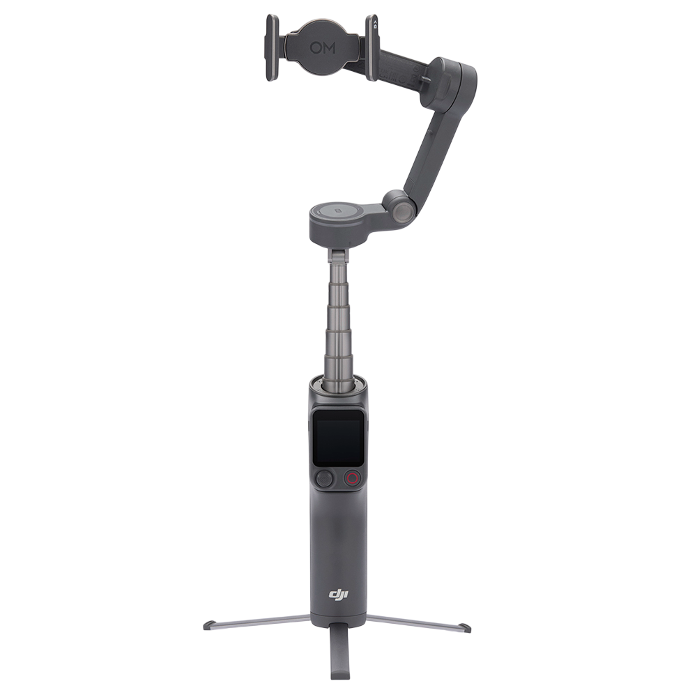Uzatılabilir çubuklu, tutuculu ve küçük tripodlu gri gimbal.