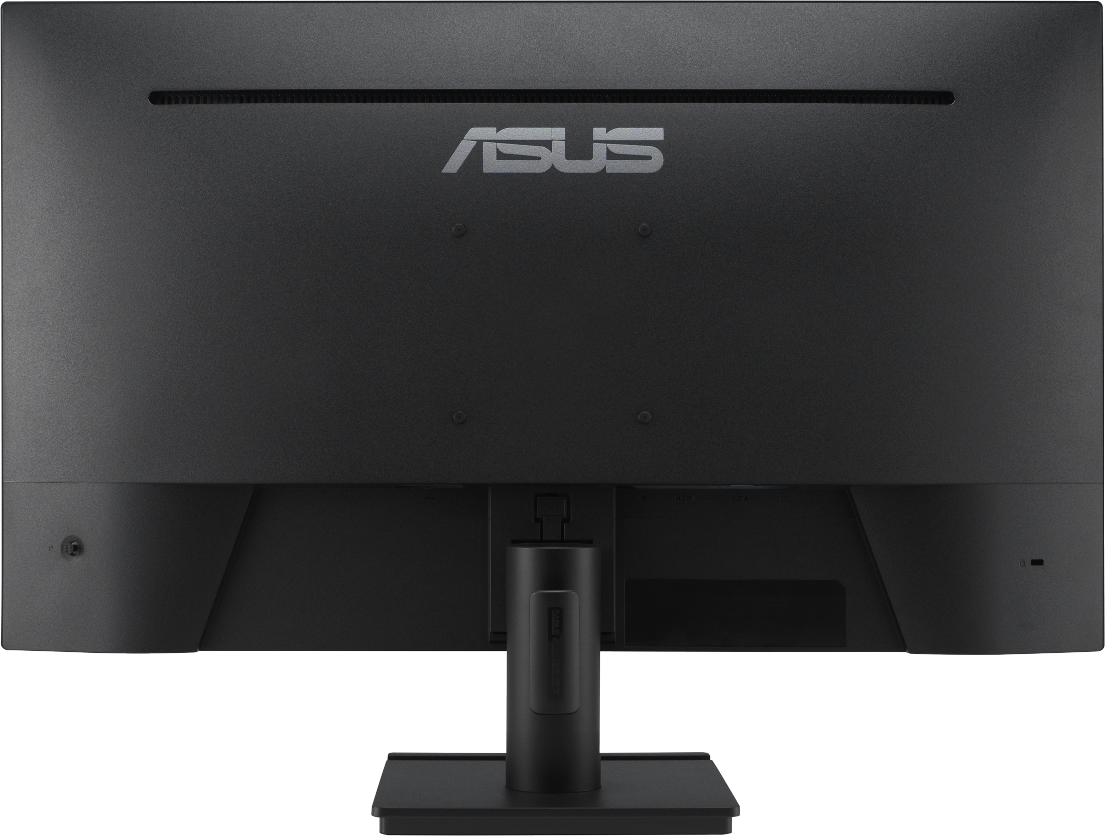 Rückseite eines schwarzen Asus Monitors mit Anschlüssen und Kabelmanagement.