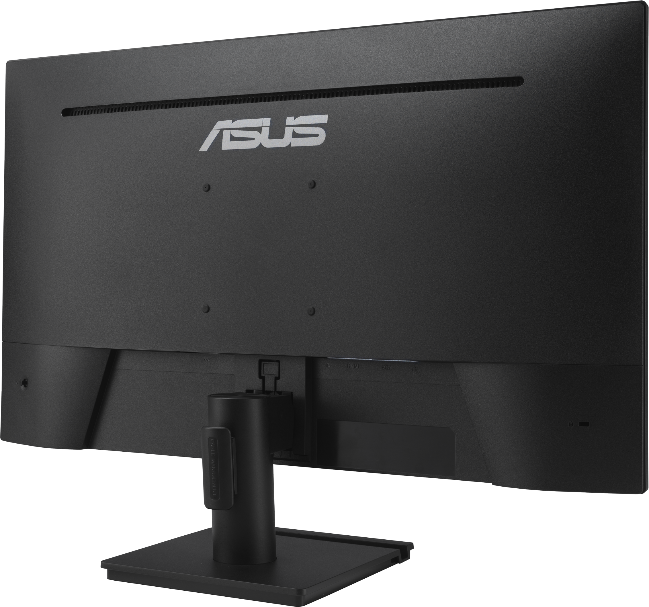 Rückseite eines schwarzen ASUS Monitors mit Lüftungsschlitzen und Anschlüssen.