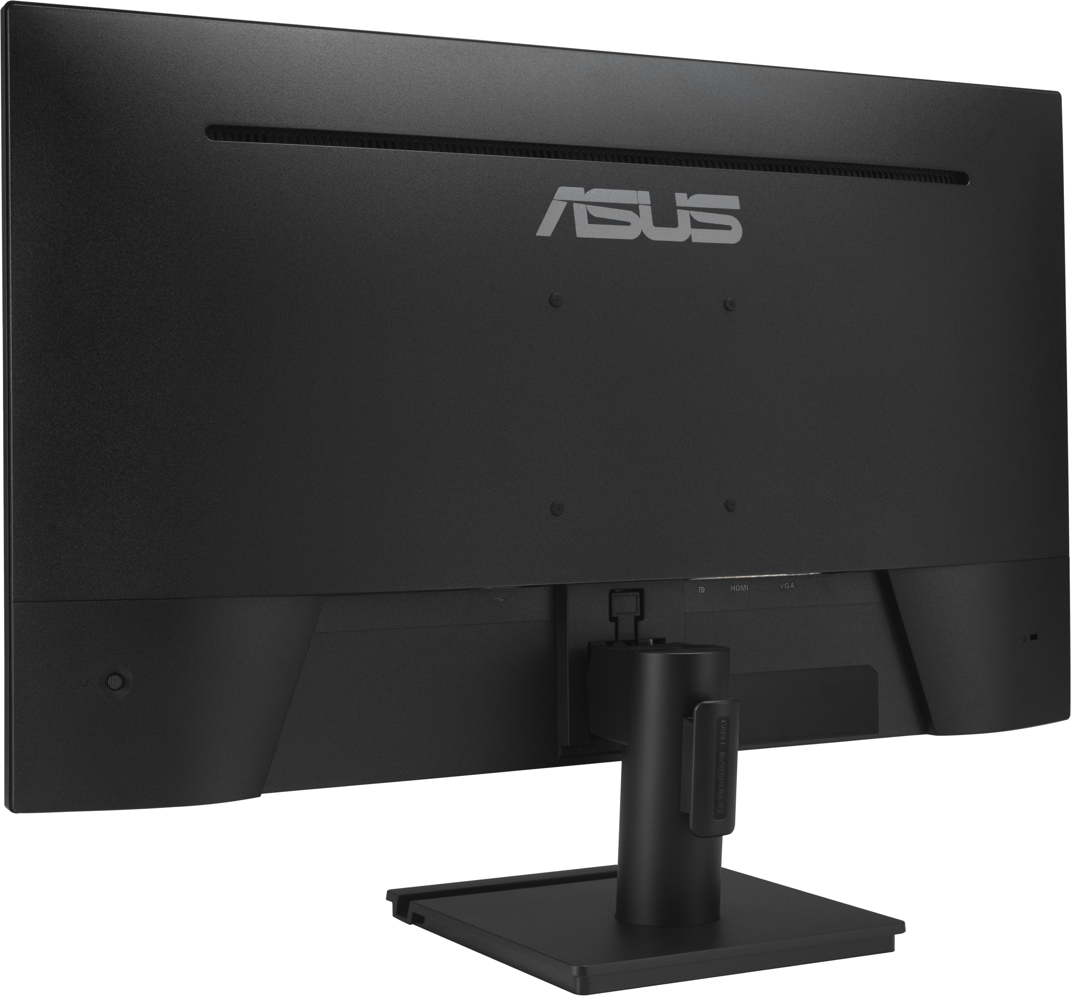 Rückseite eines schwarzen Asus Monitors mit Anschlüssen und Standfuß.