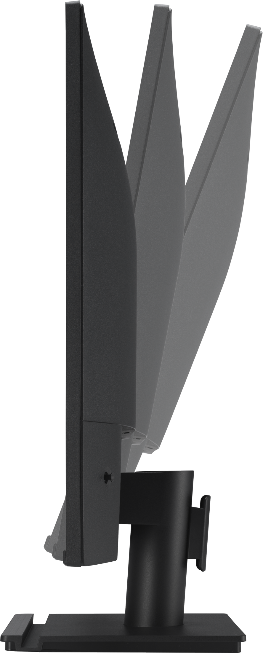 Seitenansicht eines schwarzen Computermonitors auf einem Sockel, mit verstellbarem Arm.