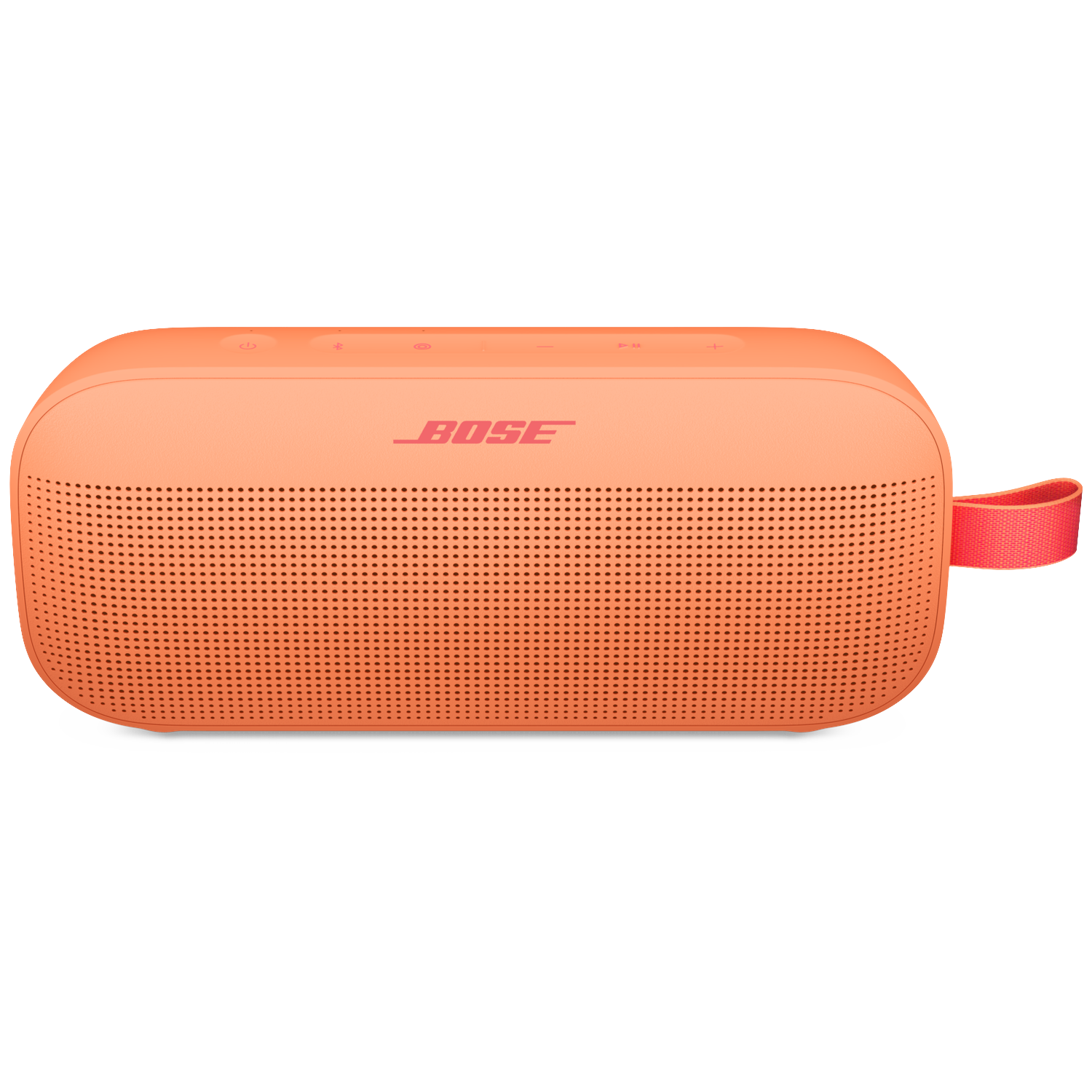 Een oranje Bose speaker met volumeknoppen en draagband.