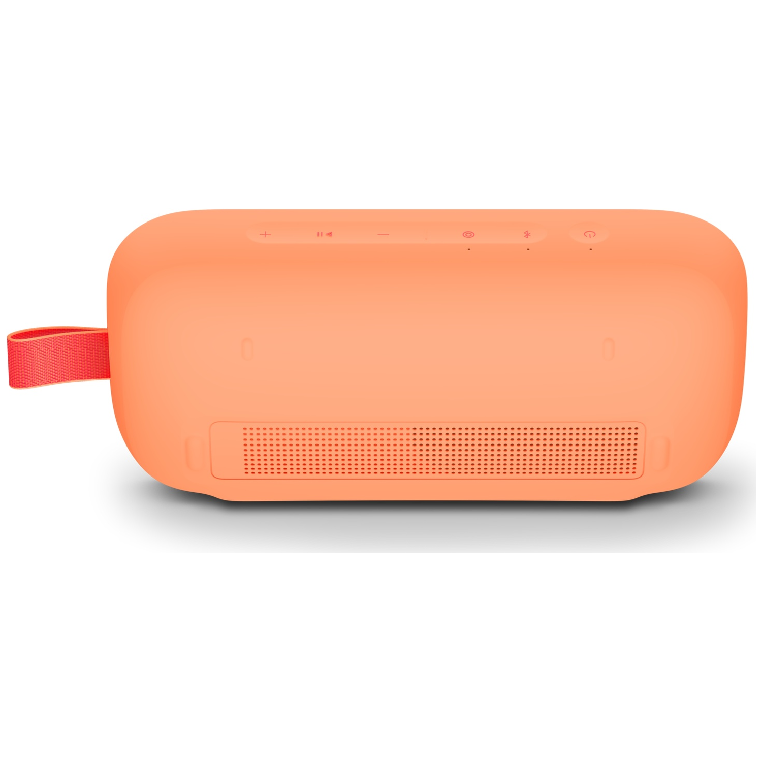 Een oranje speaker met een rode draagband en knoppen aan de bovenkant.