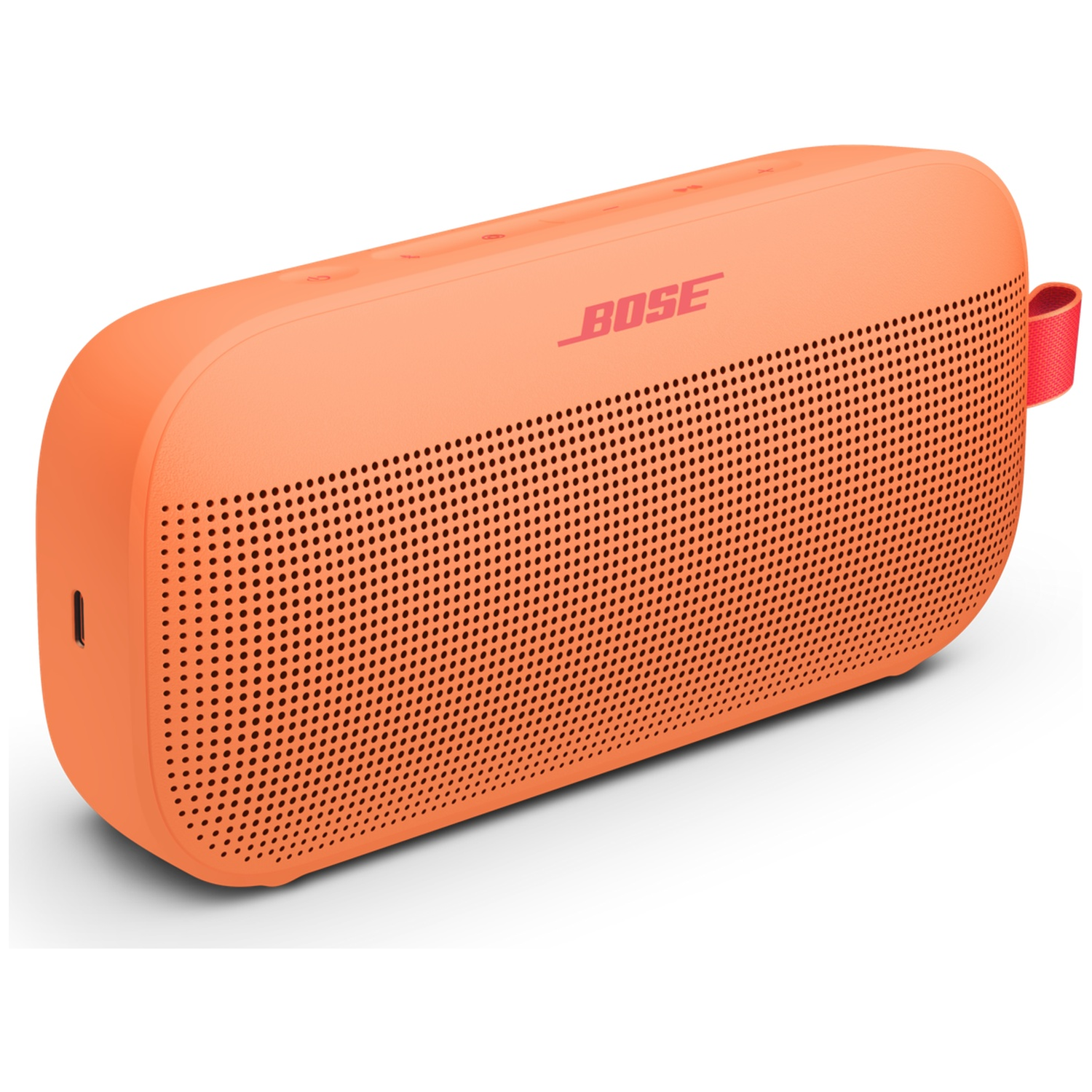 Oranje Bose speaker met roosterpatroon en rode lus.