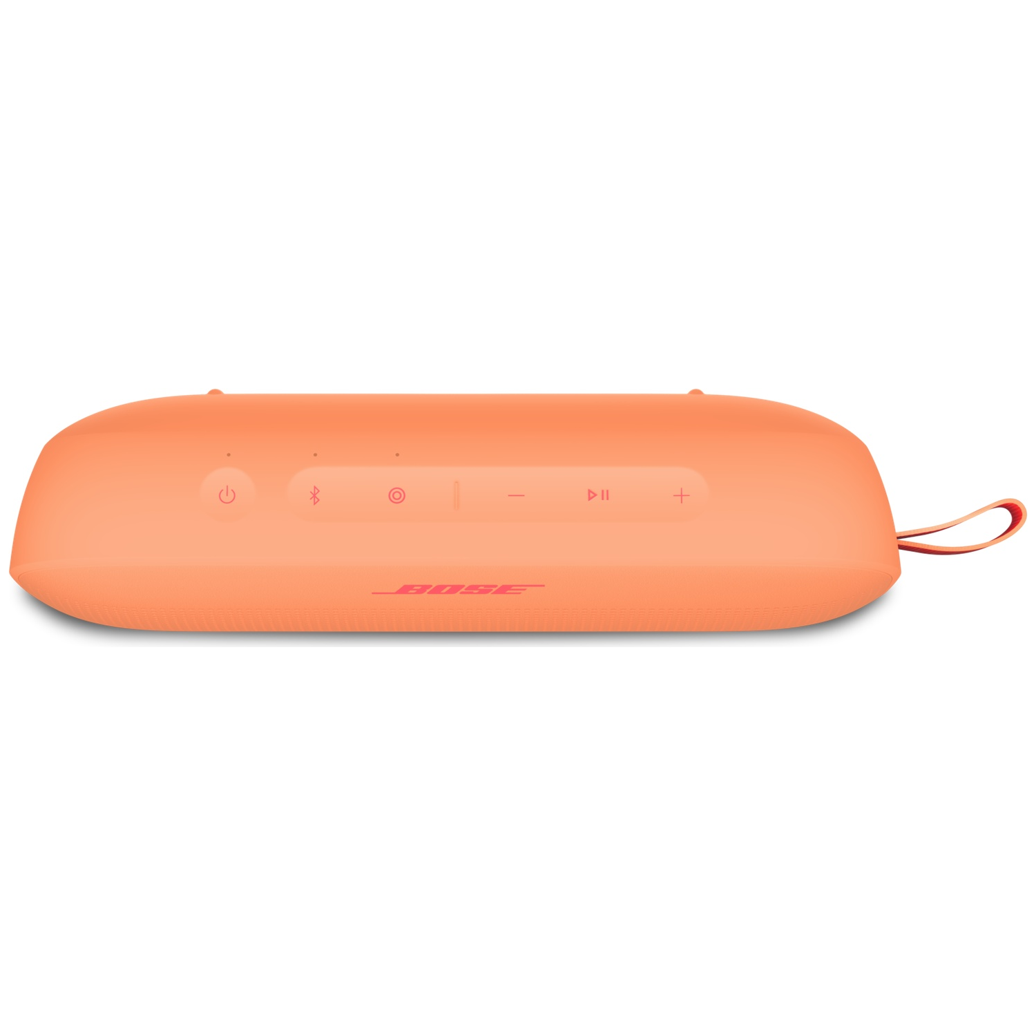 Oranje Bose speaker met bedieningsknoppen en draagband.
