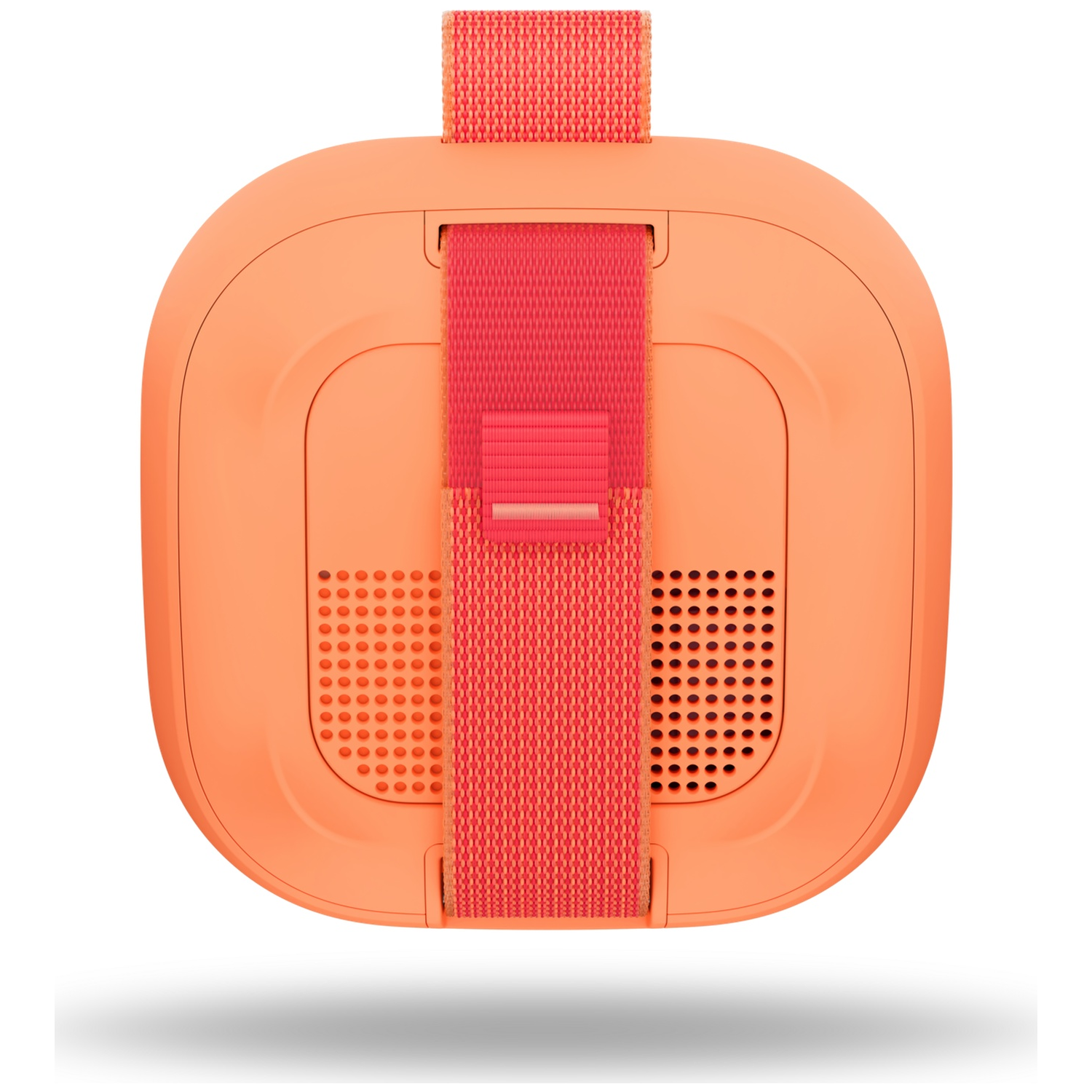 Oranje apparaat met rode riem, luidroosterooster boven.