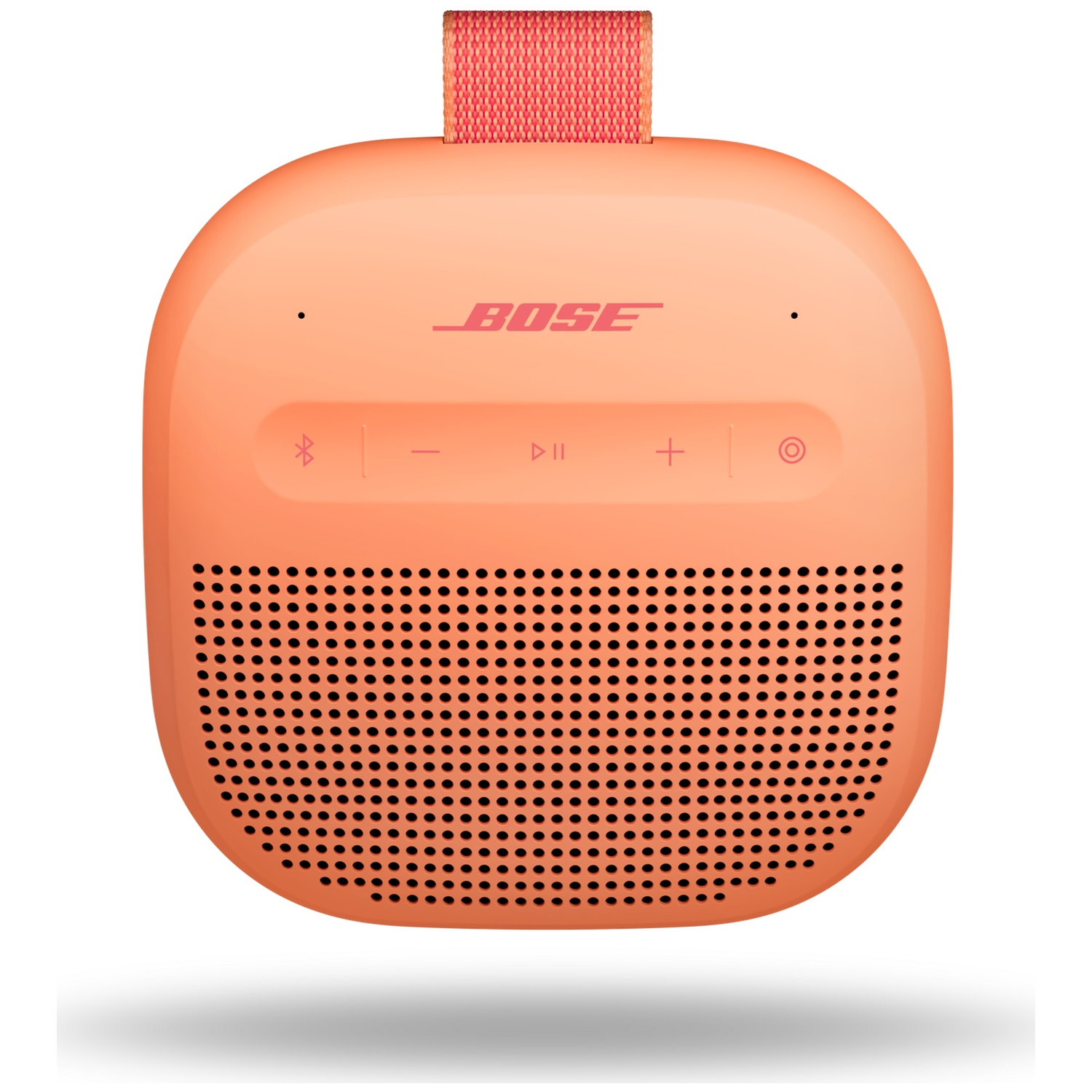 Een oranje Bose luidspreker met een stoffen lus aan de bovenkant.