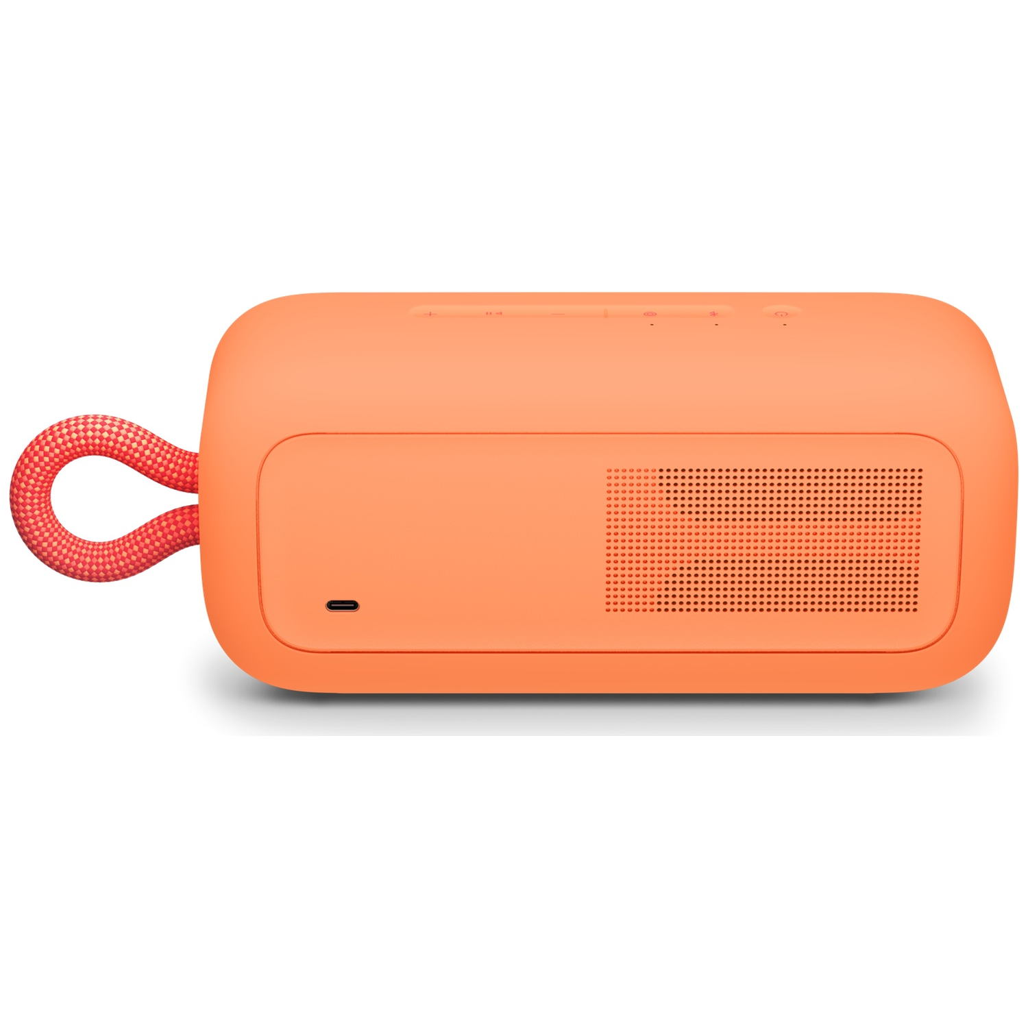 Oranje Bluetooth speaker met USB-C poort en draaglus.