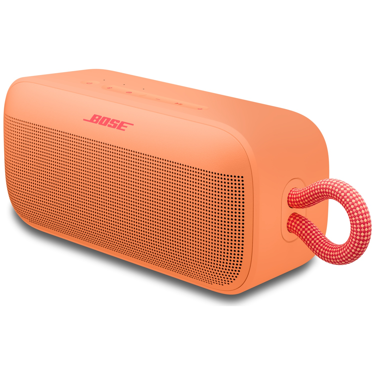 Oranje Bose speaker met rode lus, op witte achtergrond.