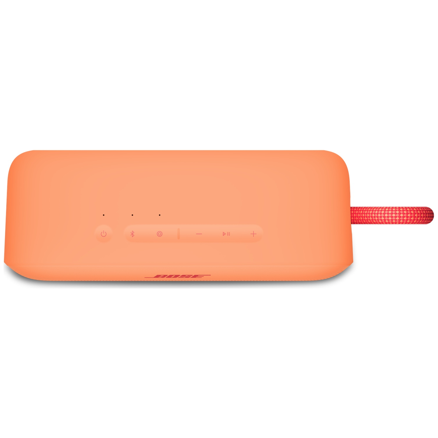 Een feloranje Bose speaker met bedieningselementen en een rood lusje.