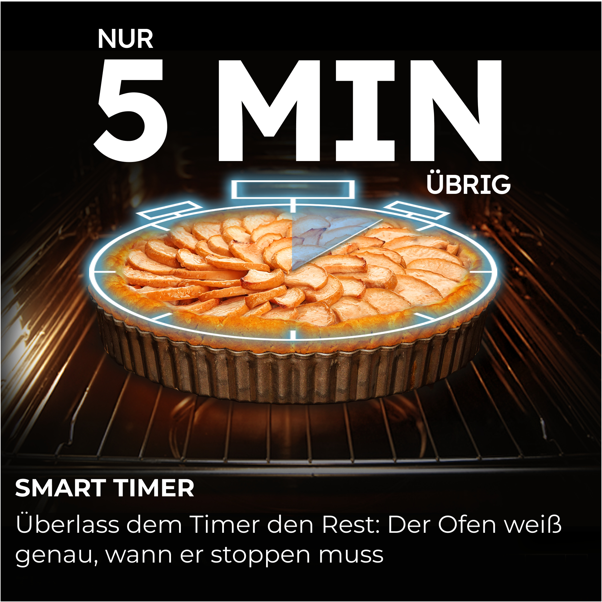 Apfelkuchen in einem Ofen mit "Nur 5 Min. Übrig"-Anzeige.