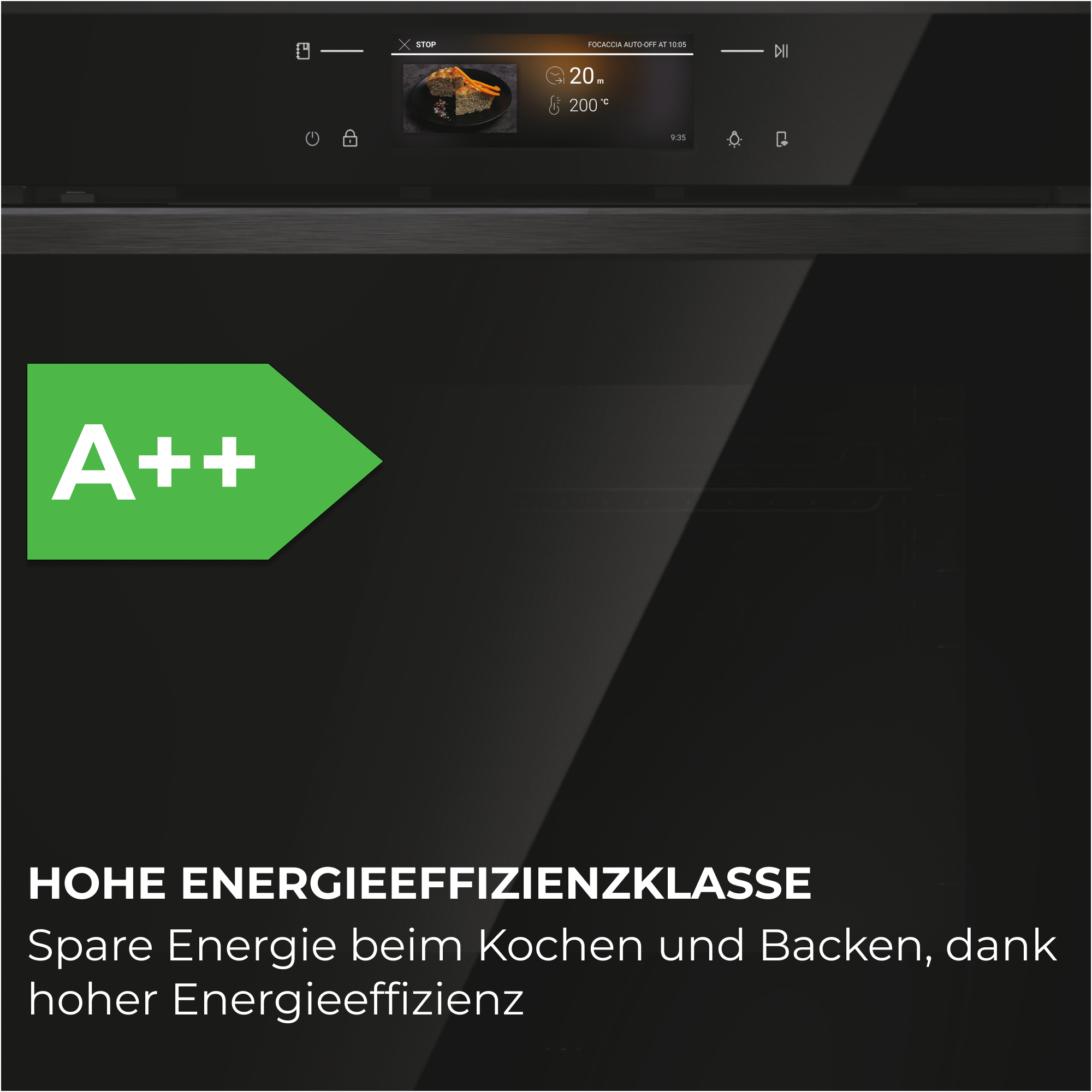 A++ Energieeffizienz-Label. Ofendisplay zeigt Focaccia, 20 Min. Restzeit, 200°C.