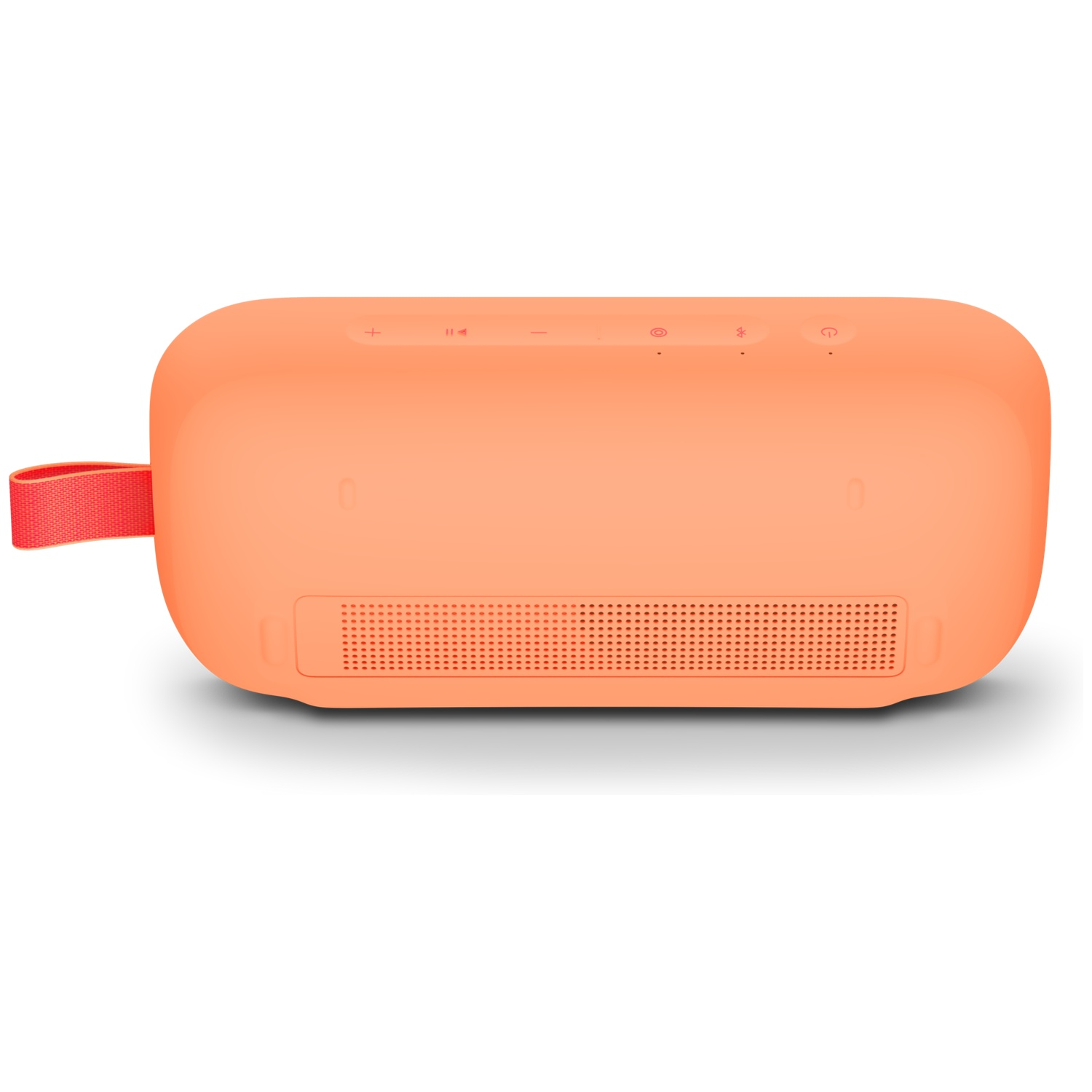 Een koraalkleurige Bluetooth-speaker met een rode band en bedieningsknoppen.