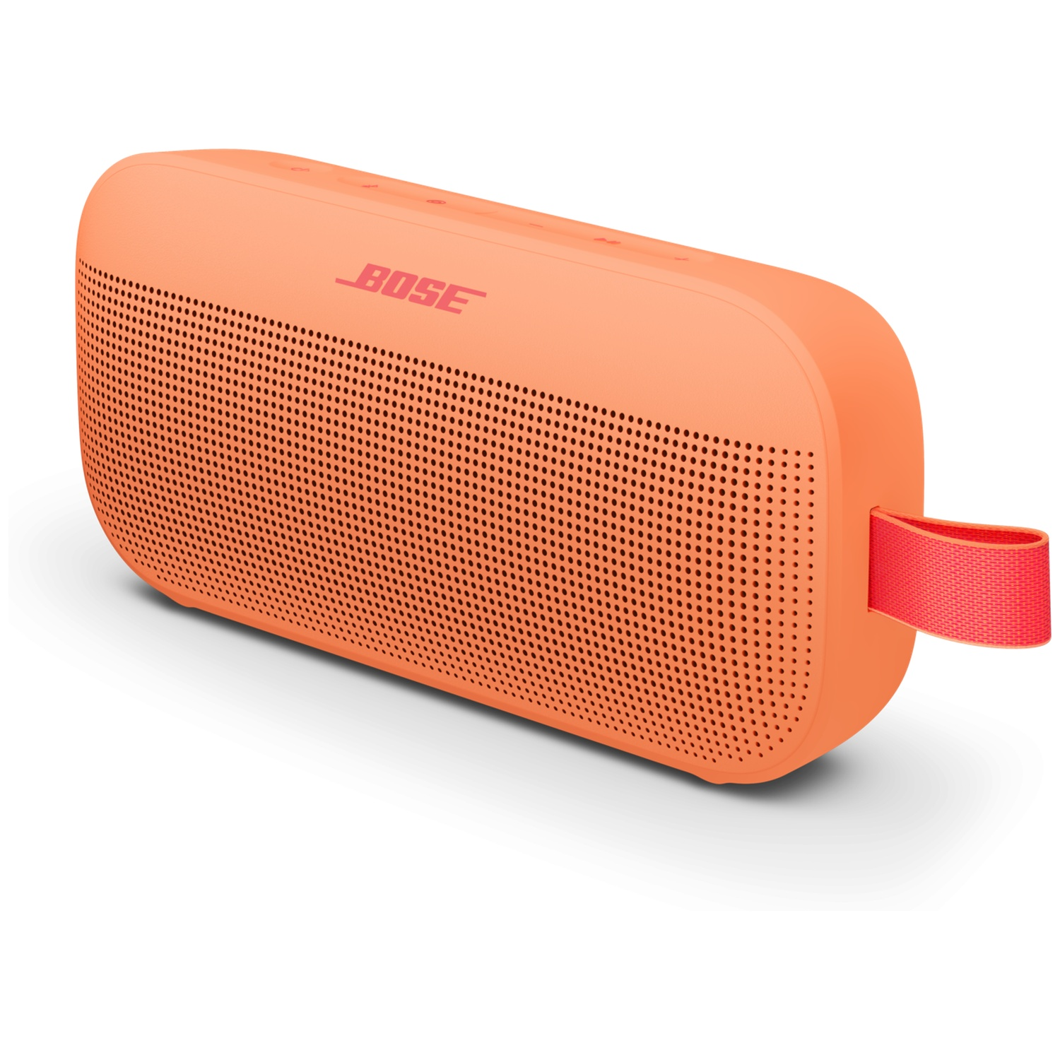 Een oranje Bose speaker met rode band, geïsoleerd op witte achtergrond.