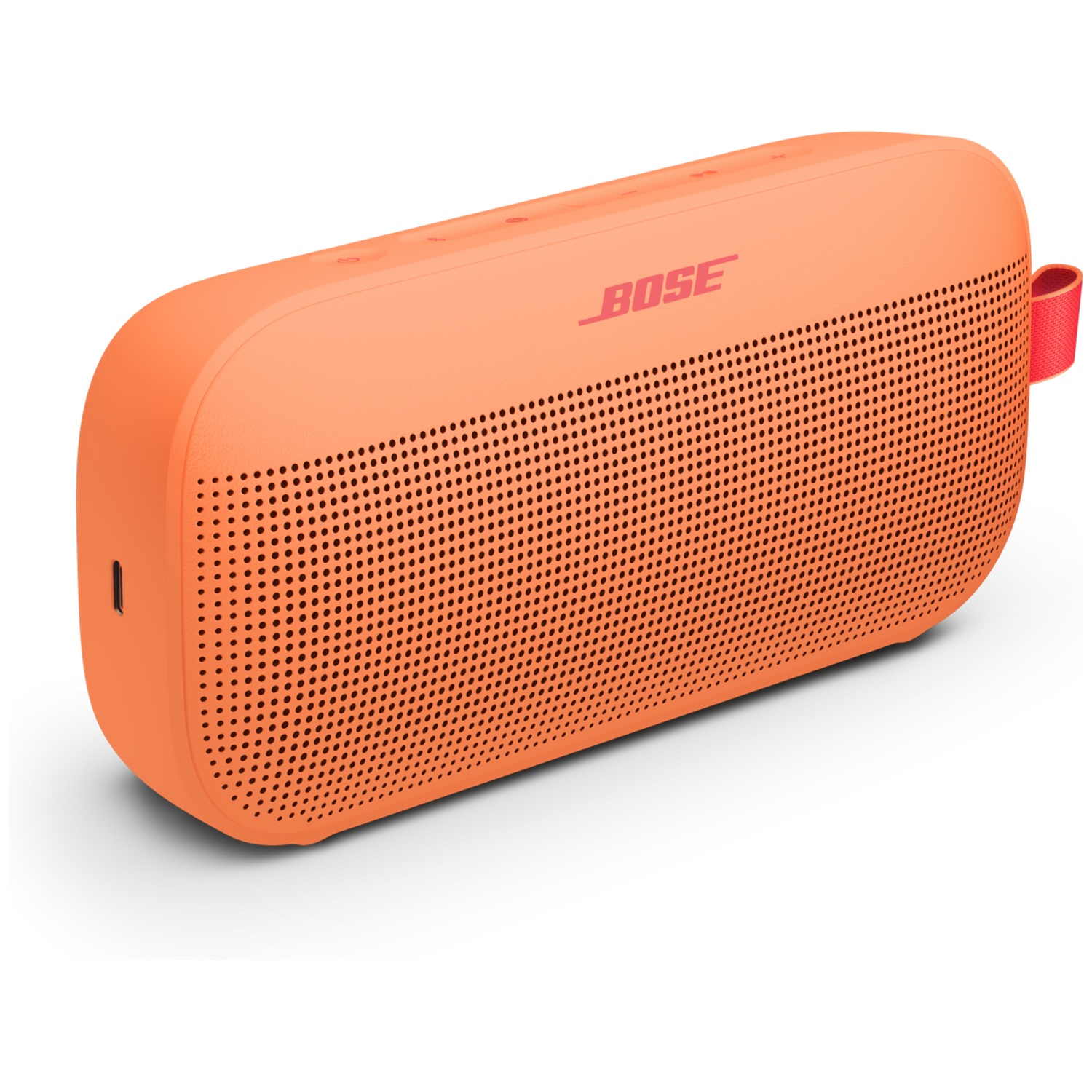 Een oranje Bose speaker met geperforeerd rooster en rode lus.