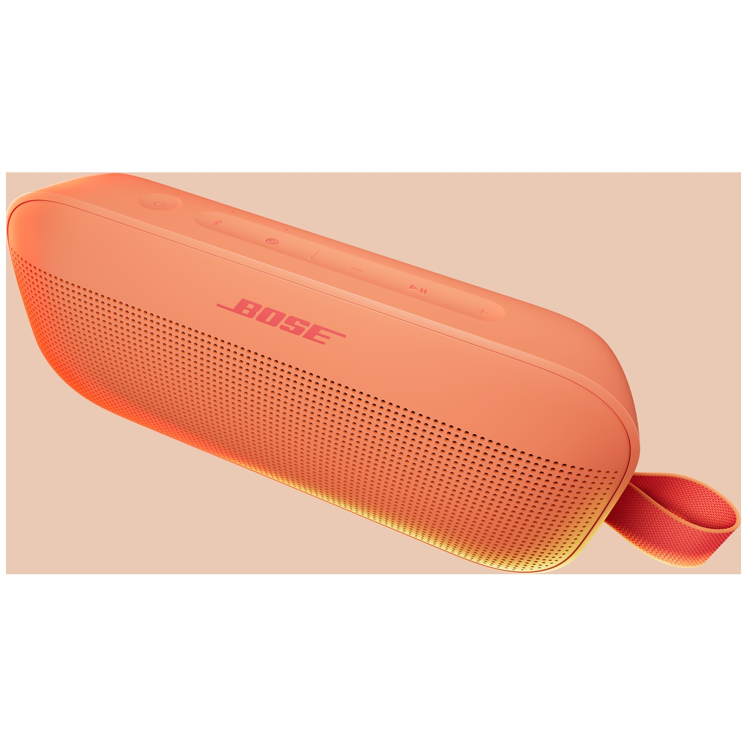 Een oranje Bose speaker met een band en knoppen bovenop.