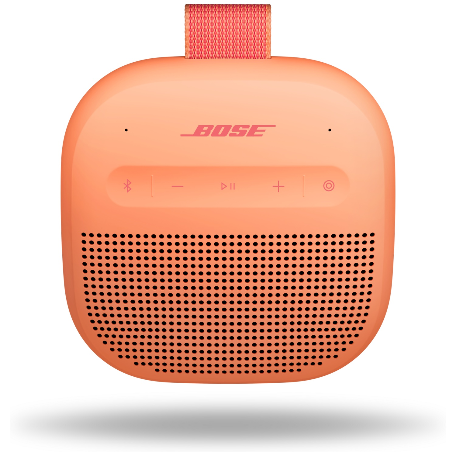 Een oranje Bose speaker met stoffen lus en knoppen.