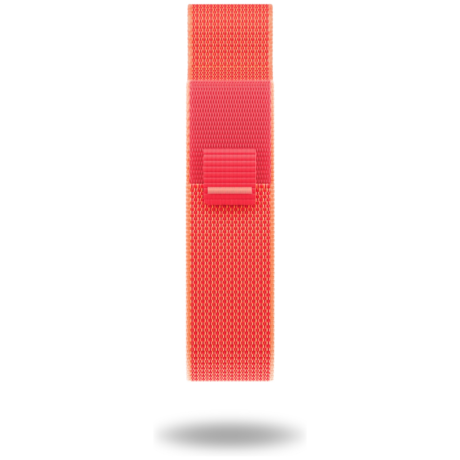 Een rode stoffen band met klittenbandsluiting, zwevend op een witte achtergrond.