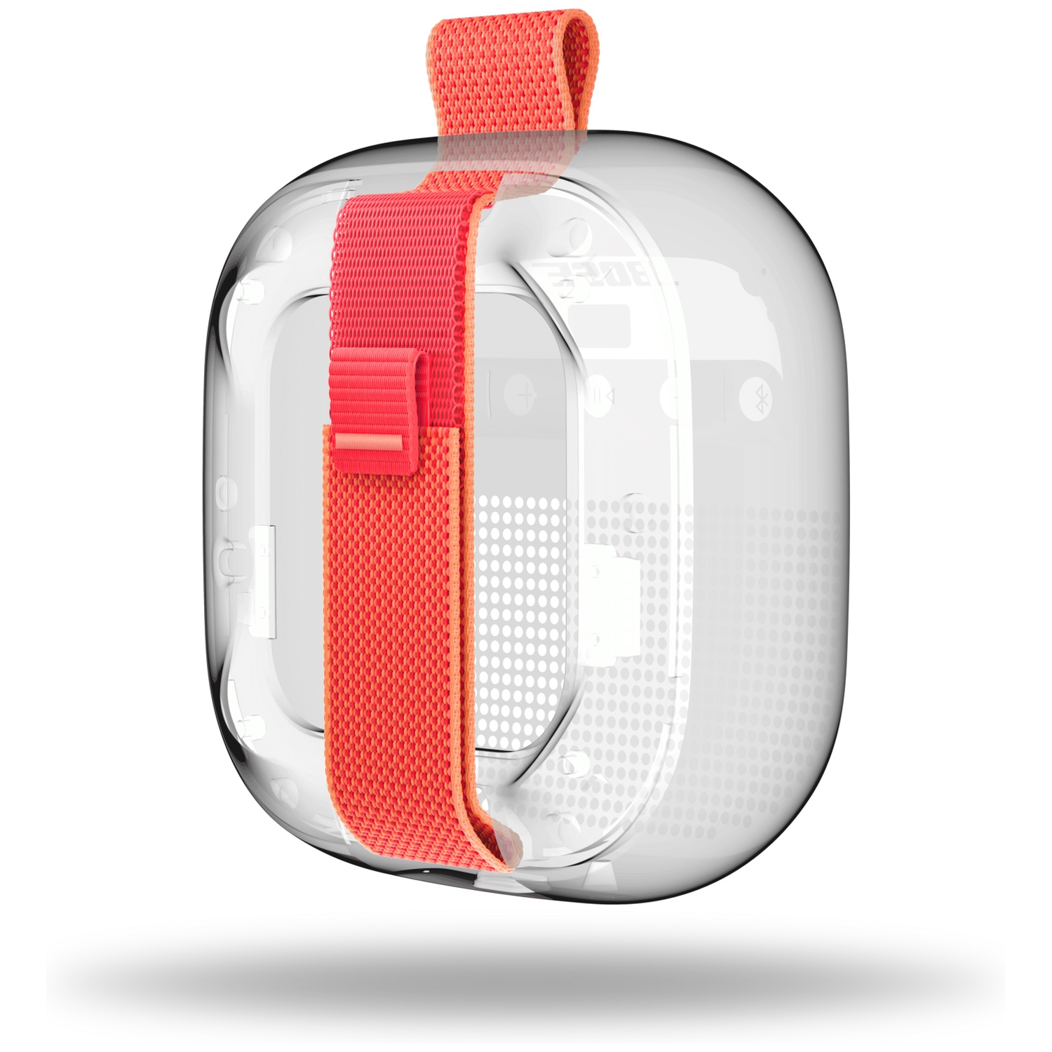 Transparante speaker met koraalrode band.