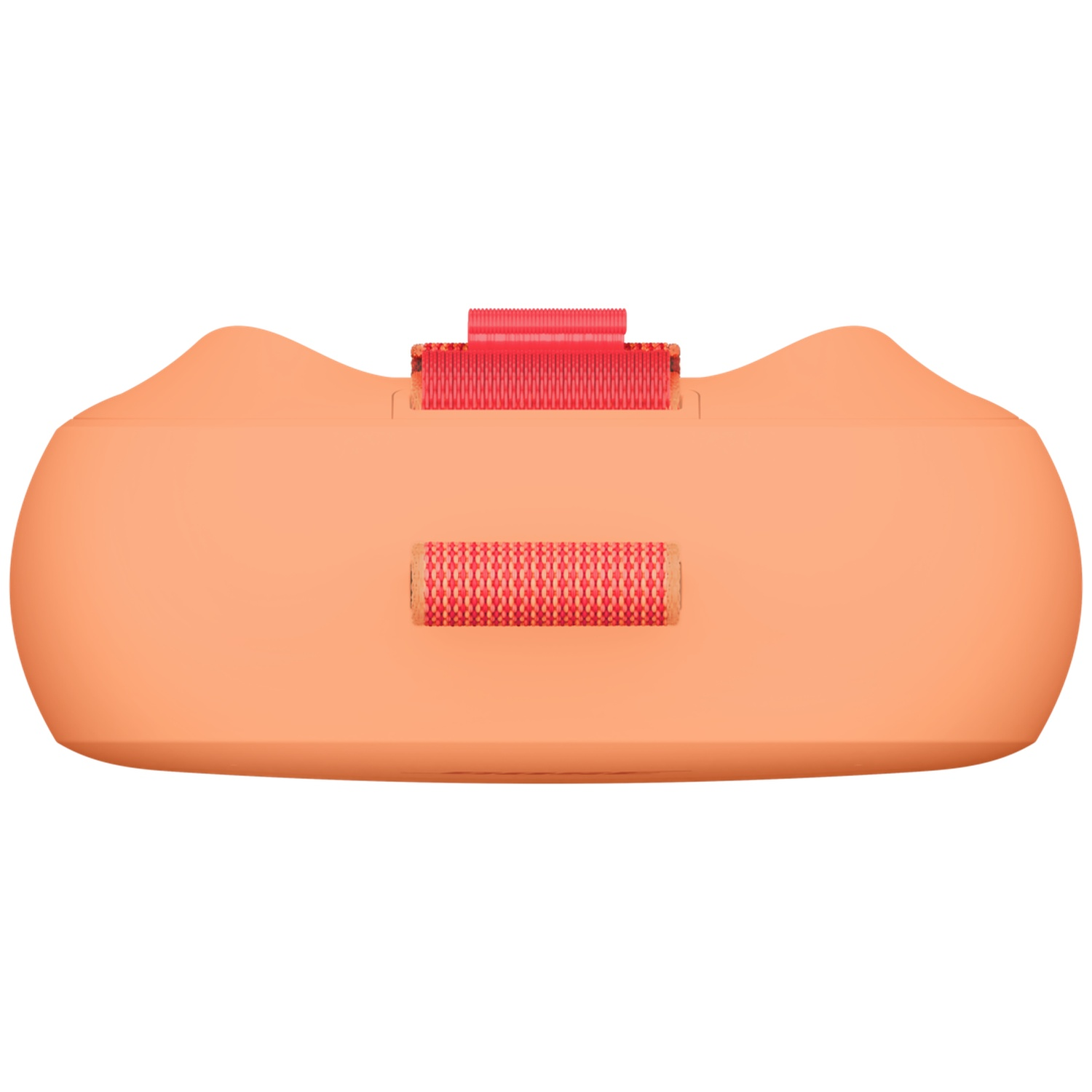 Een oranje object met rode accenten, lijkend op een draagbare luidspreker.