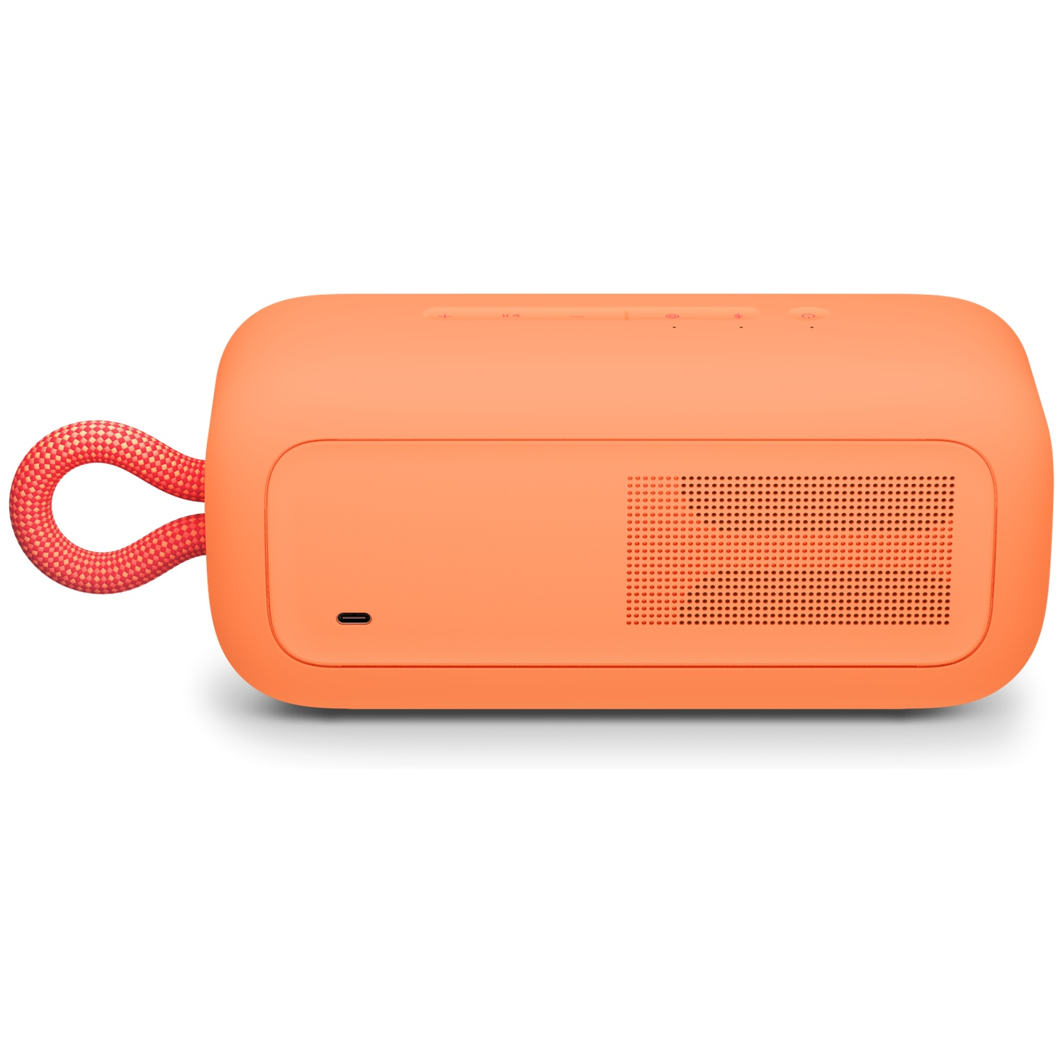 Oranje Bluetooth-luidspreker met rood koord en USB-C-poort.