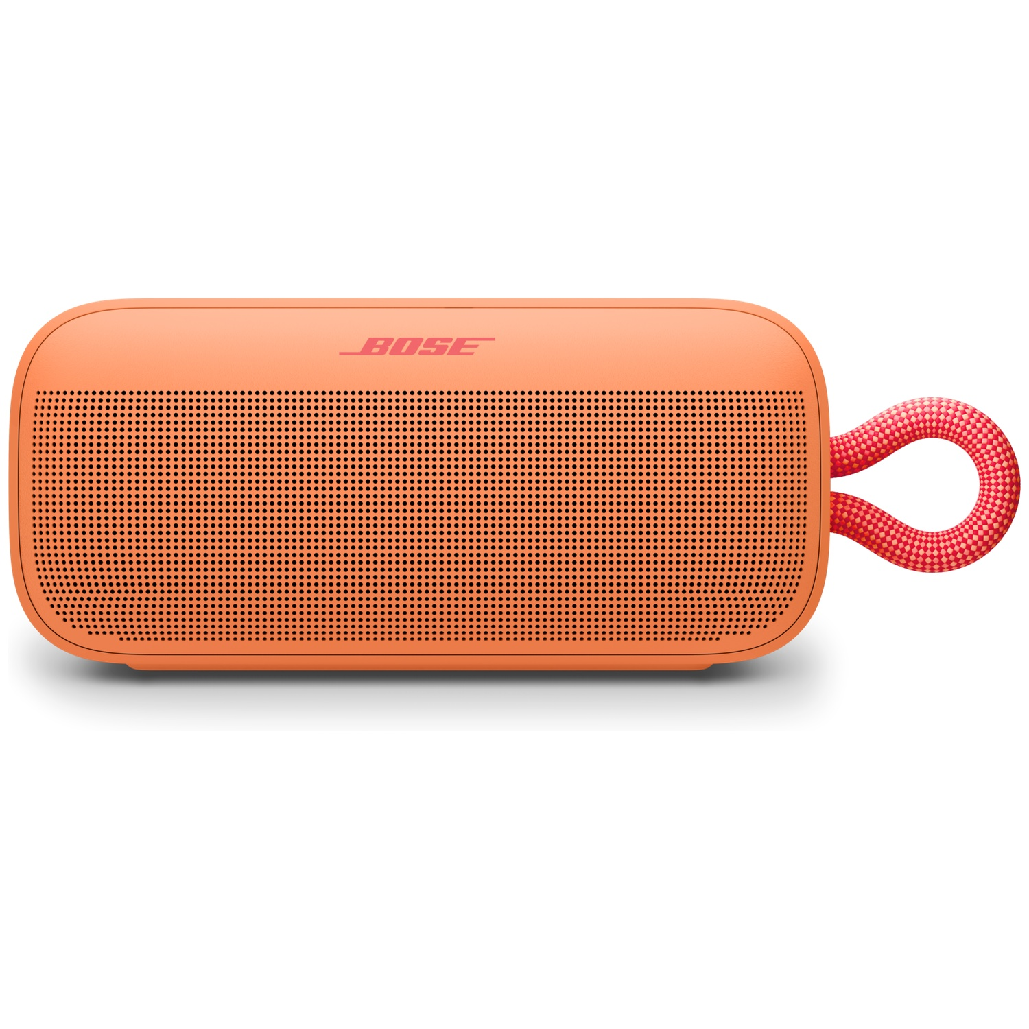 Oranje Bose speaker met een rode lus op een witte achtergrond.
