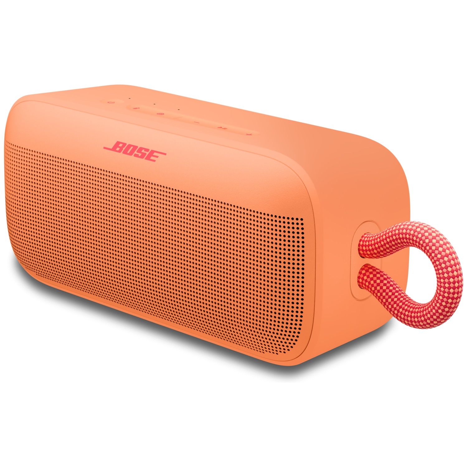 Een oranje Bose speaker met een rood-wit handvat.