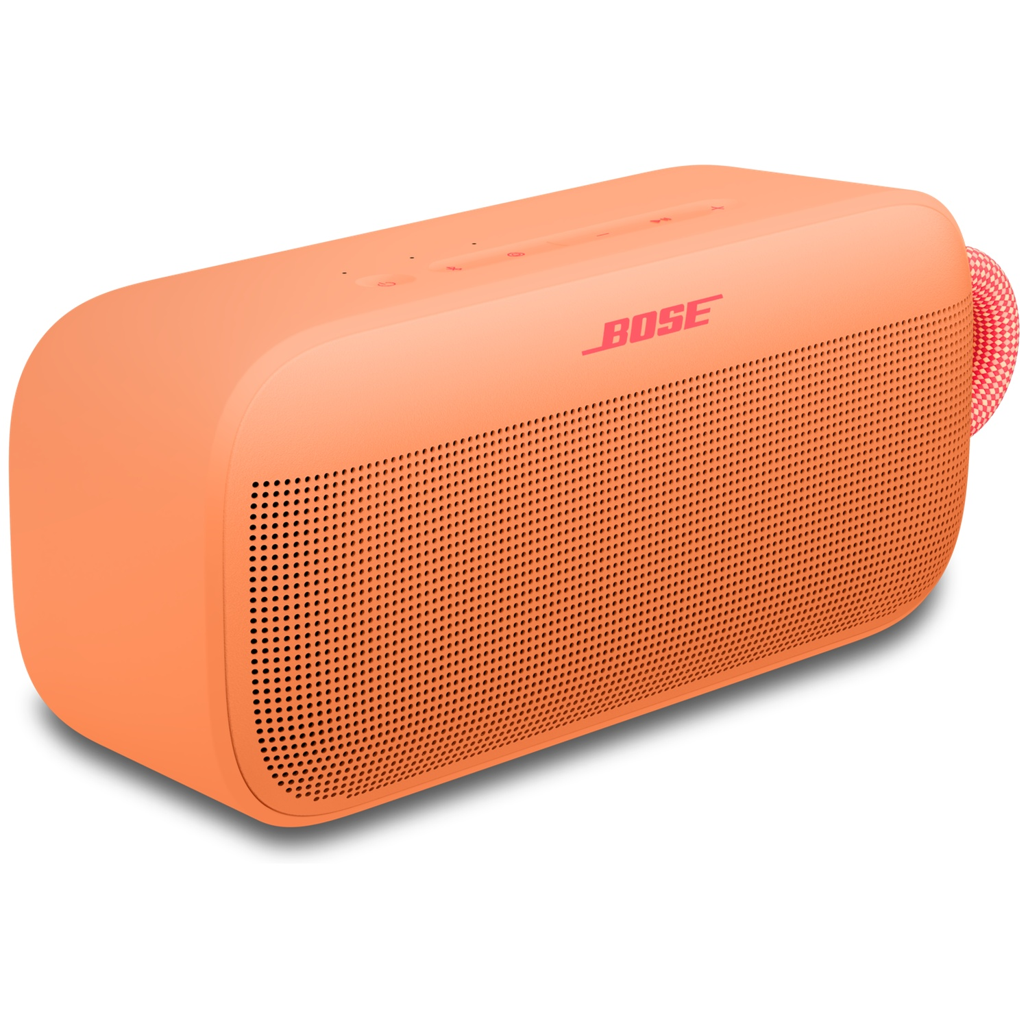 Een oranje Bose speaker met een geruite riem aan de zijkant.