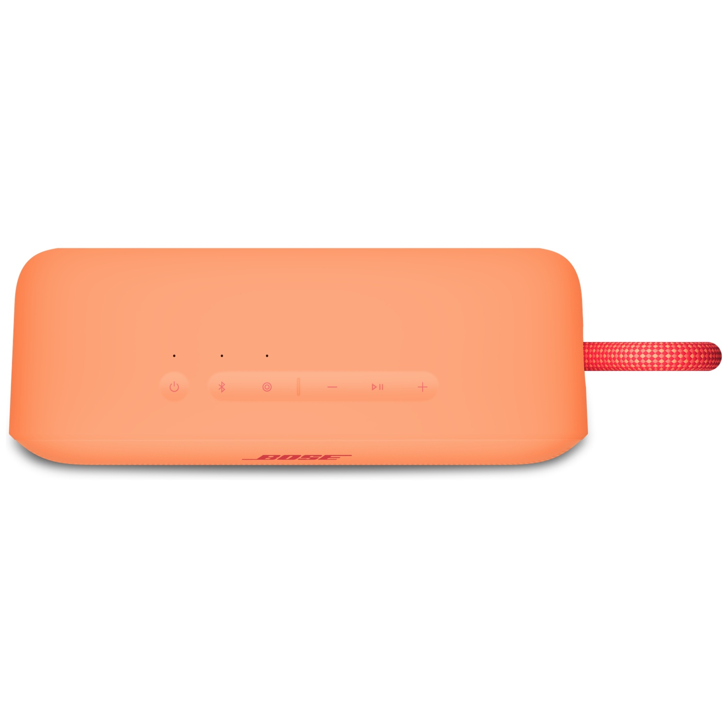 Een oranje Bose speaker met rode accenten en bedieningsknoppen.